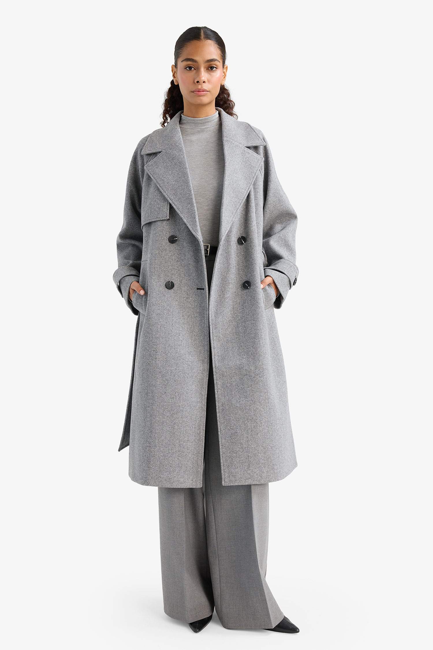 Regular Fit Düğmeli Kaşe Uzun Kaban