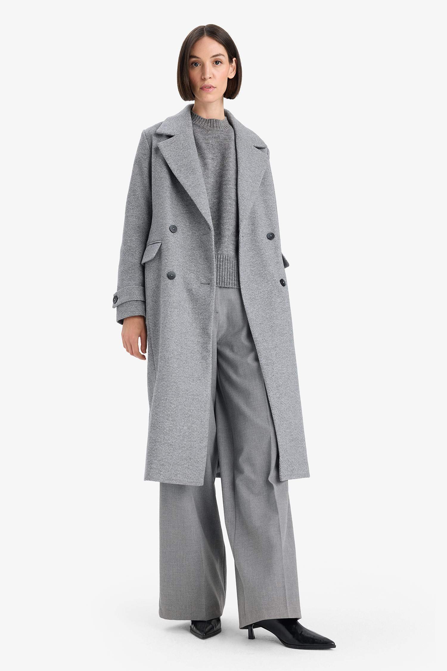 Regular Fit Düğmeli Kaşe Uzun Kaban