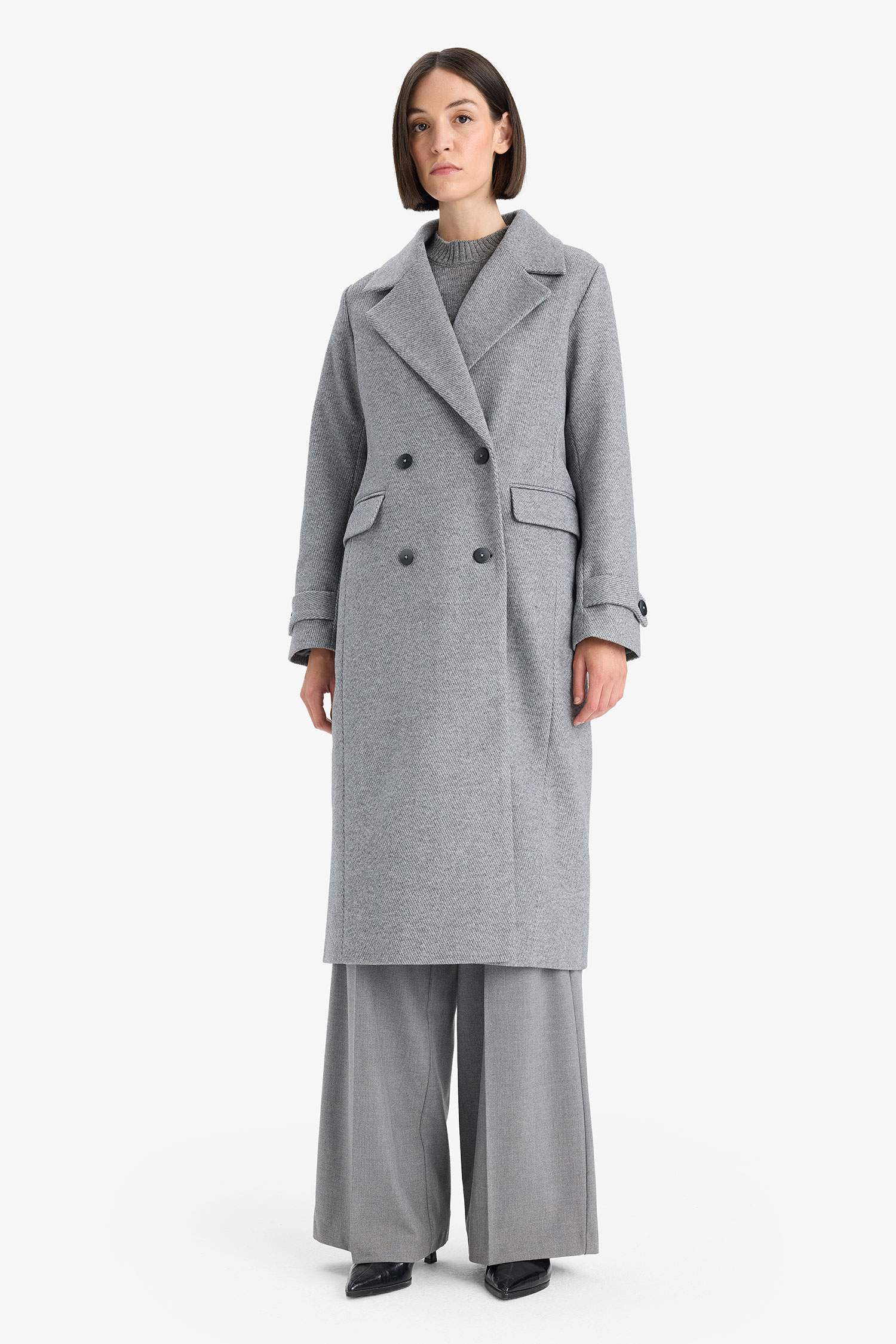 Regular Fit Düğmeli Kaşe Uzun Kaban