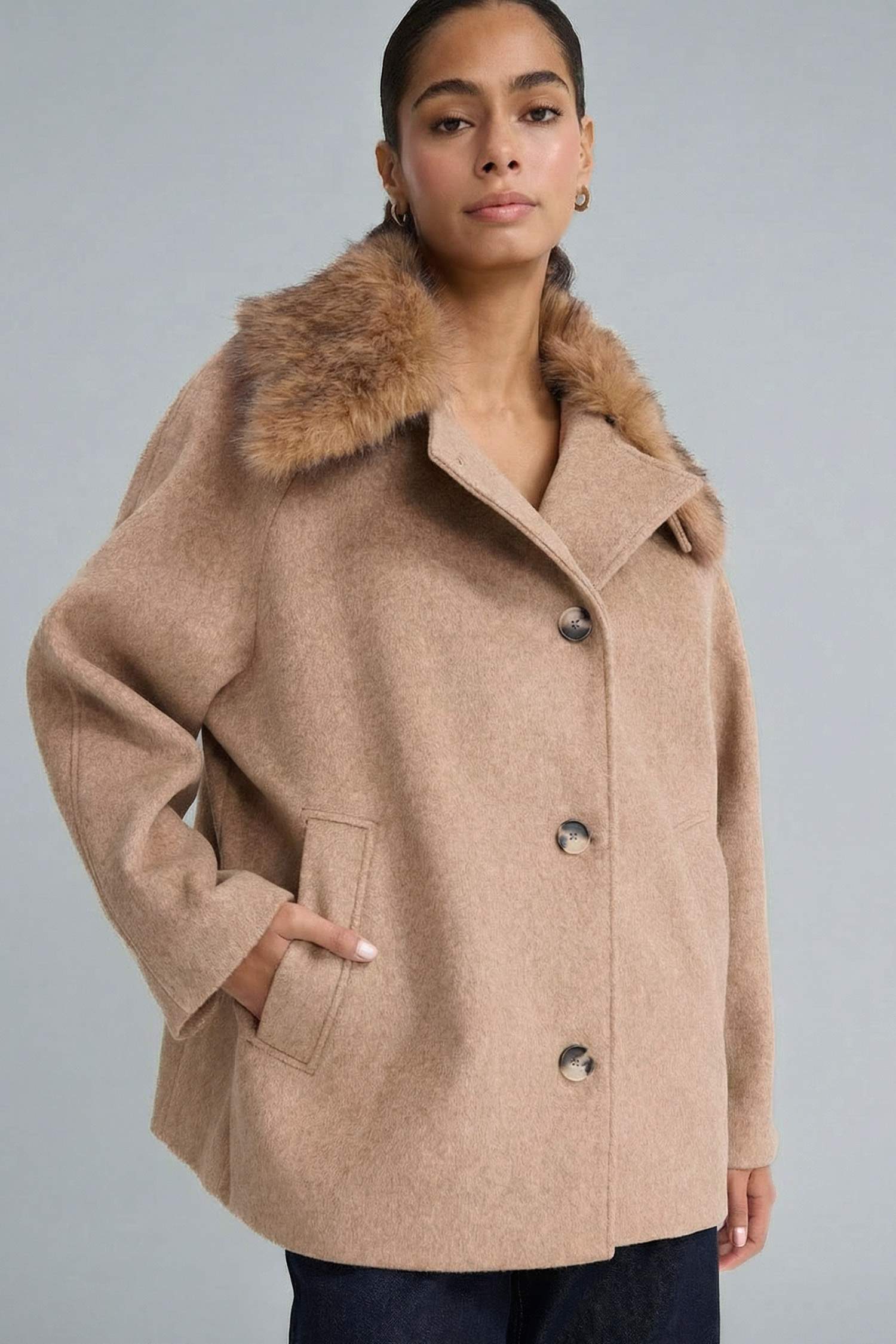 معطف جوخ قصة عادية بفرو قابل للإزالة