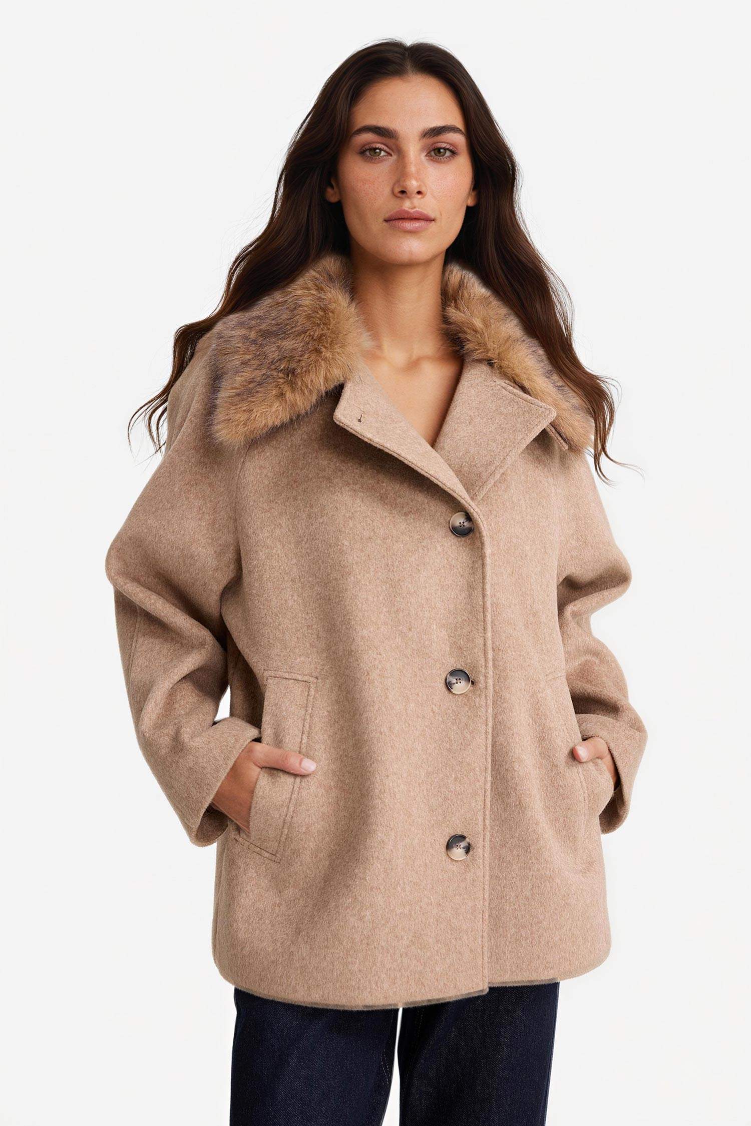 Regular Fit Buttoned with Removable Faux Fur collar Wool Coat