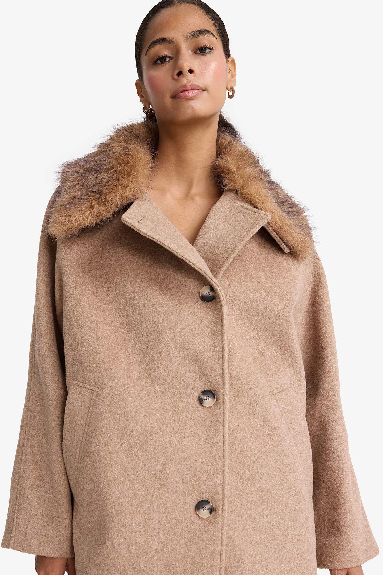 Çıkarılabilir Suni Kürk Yaka Regular Fit Düğmeli Kaşe Kaban