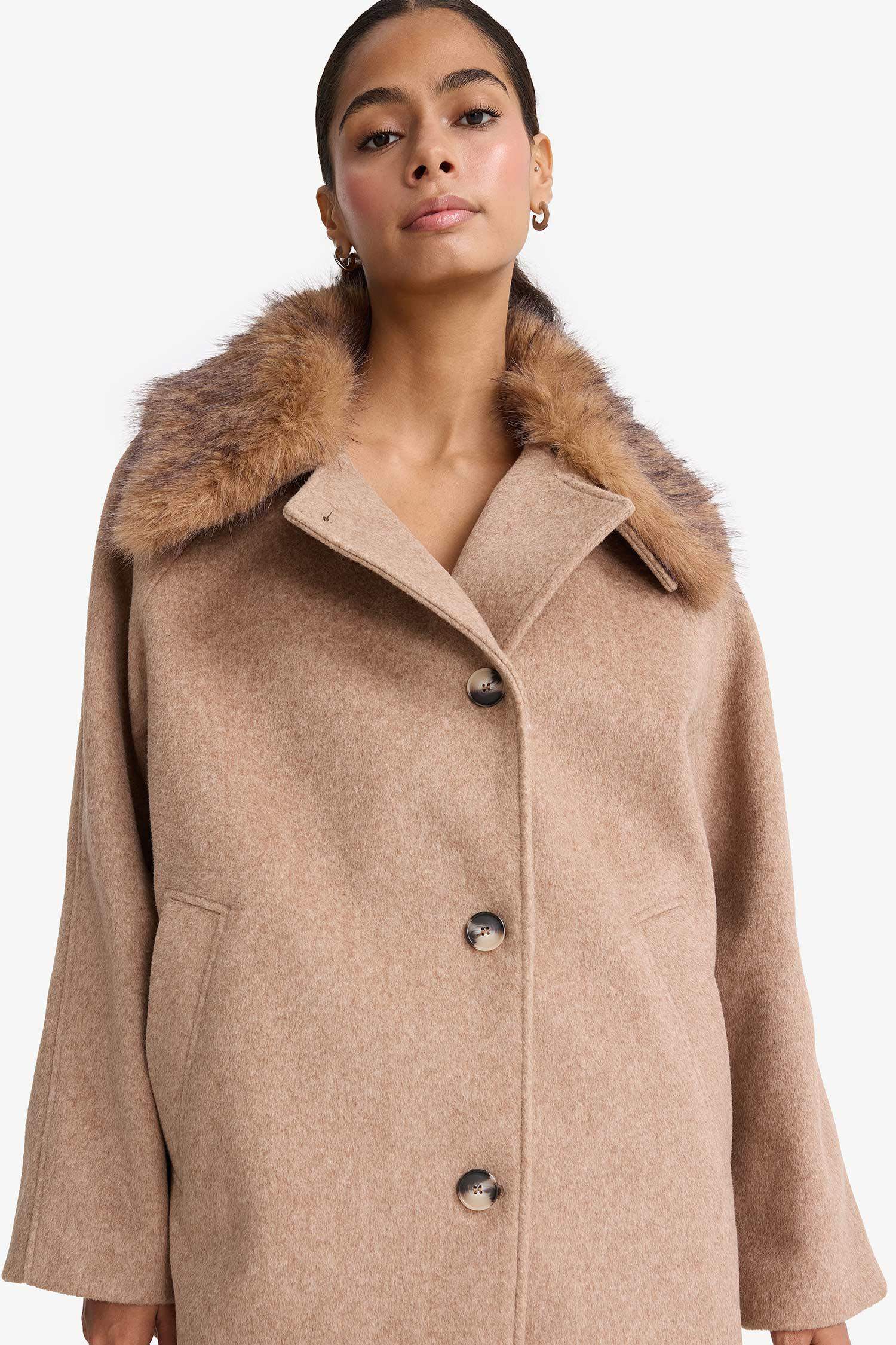 Regular Fit Buttoned with Removable Faux Fur collar Wool Coat
