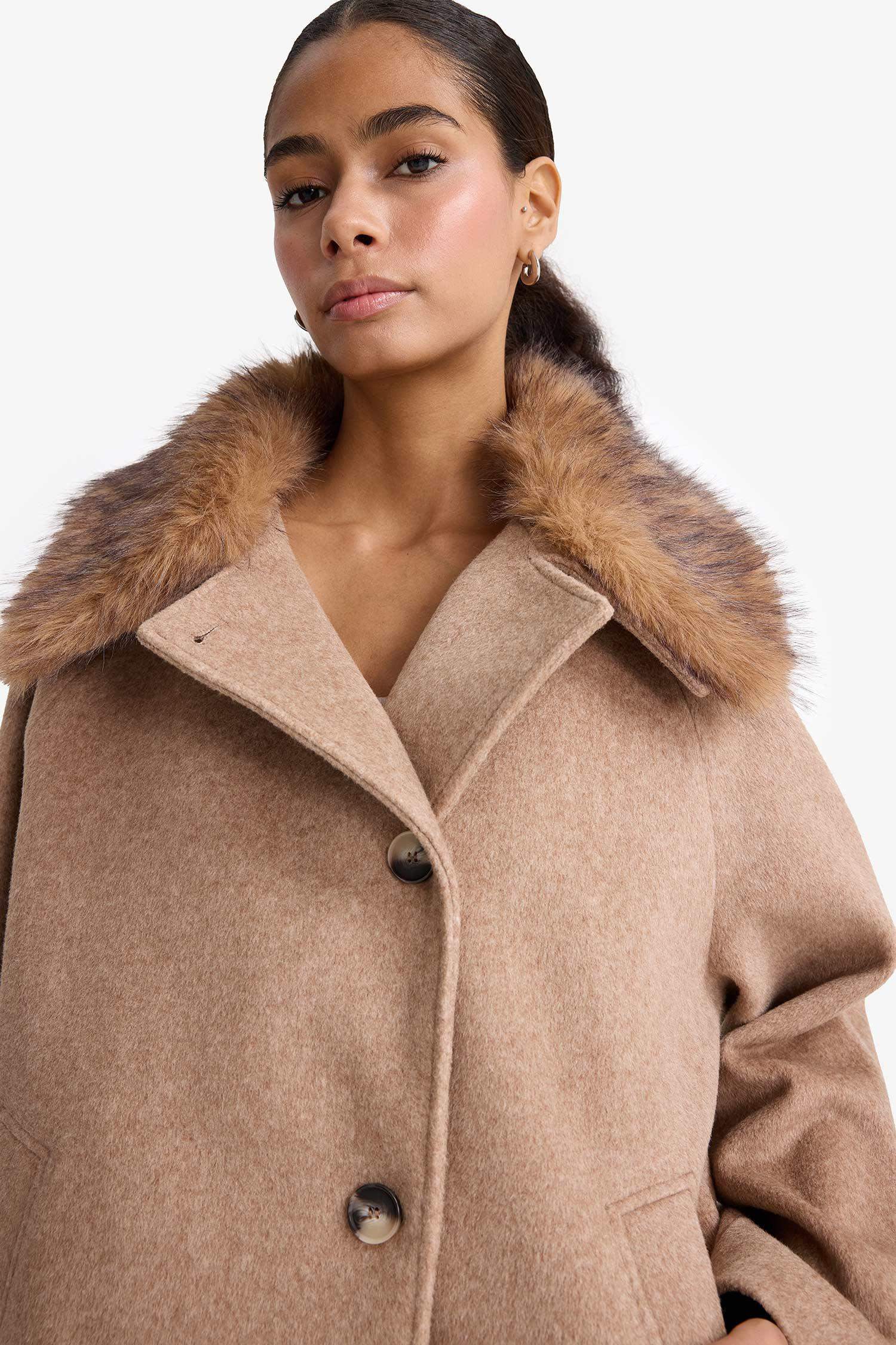 Regular Fit Buttoned with Removable Faux Fur collar Wool Coat