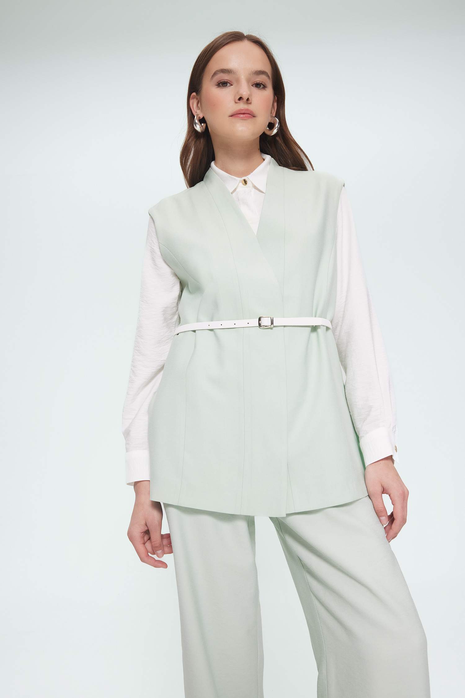 V Yaka Kemerli Twill Tesettür Klasik Yelek