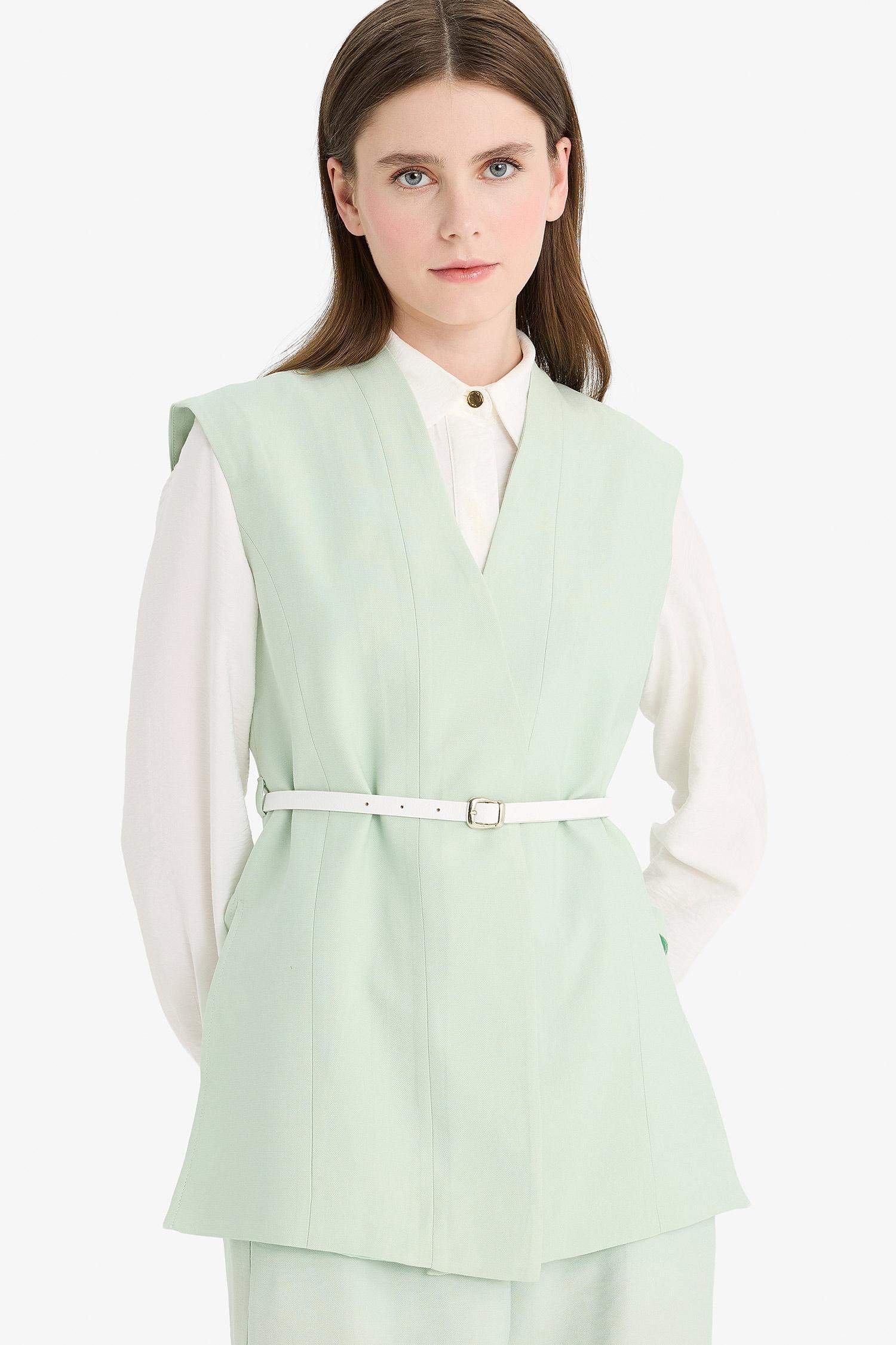 V Yaka Kemerli Twill Tesettür Klasik Yelek