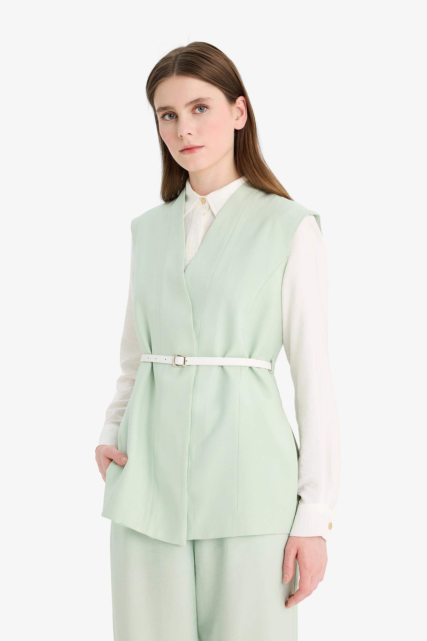 V Yaka Kemerli Twill Tesettür Klasik Yelek