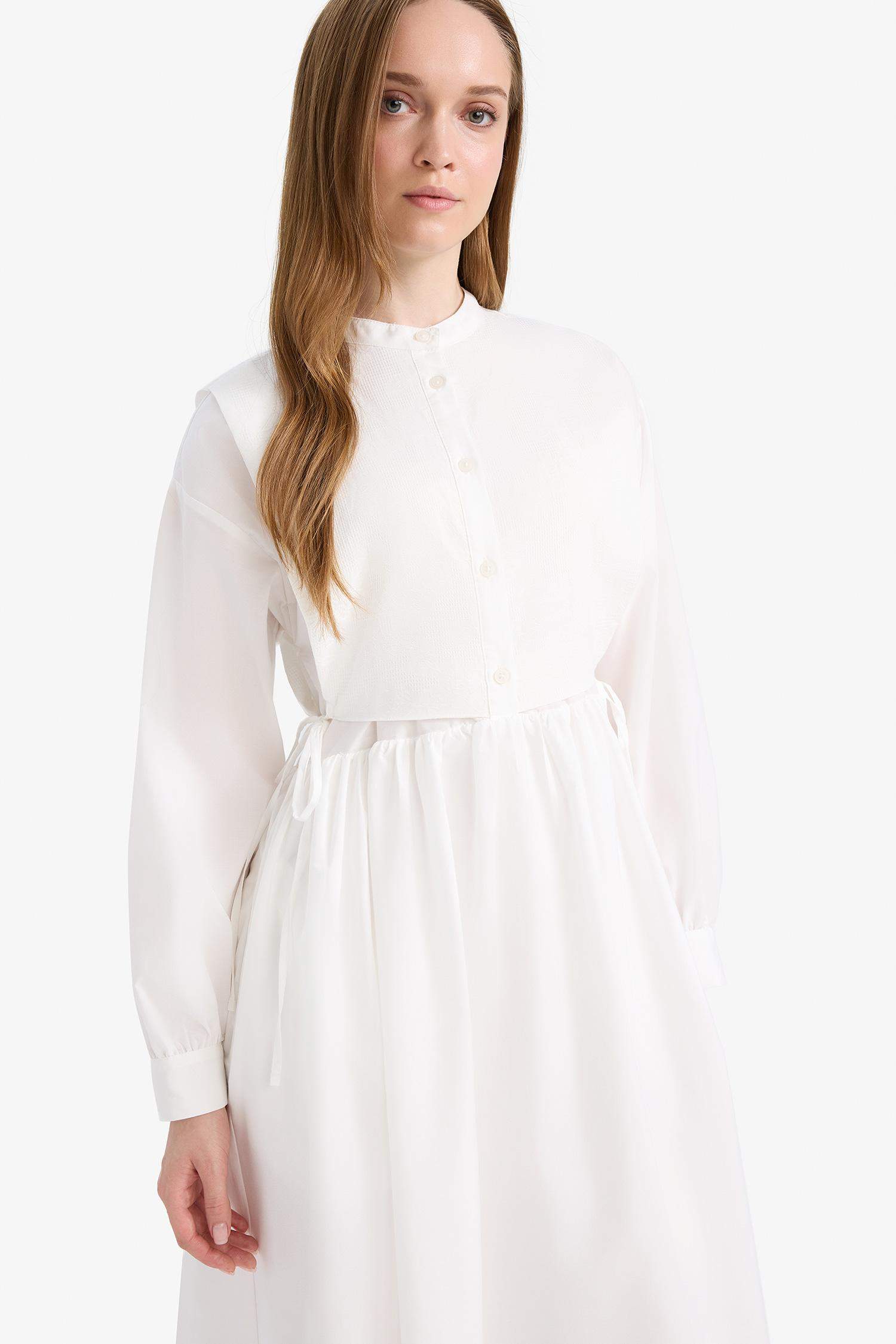 Relax Fit Bisiklet Yaka Kuşaklı Poplin Uzun Kollu Maxi Tesettür Elbise