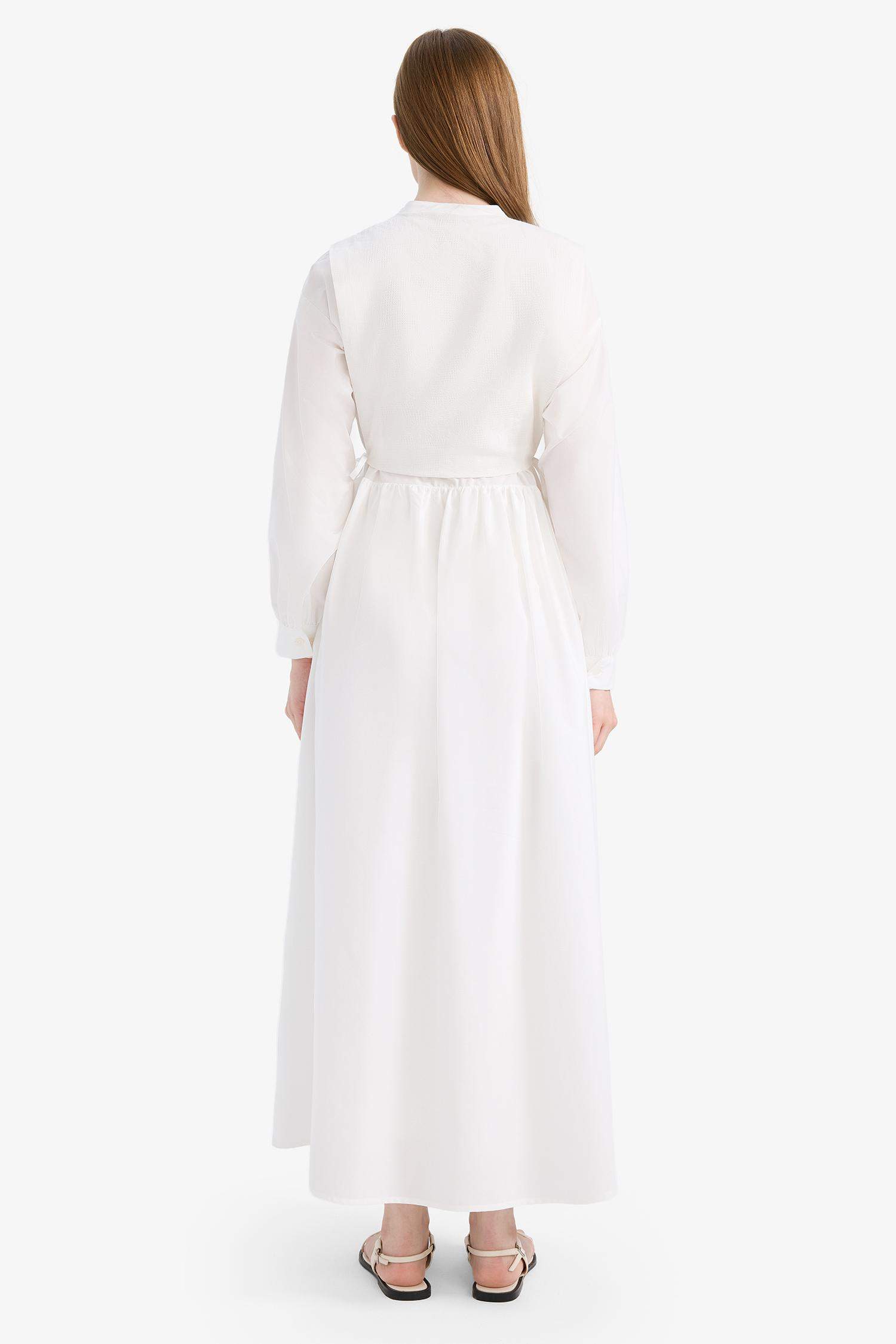 Relax Fit Bisiklet Yaka Kuşaklı Poplin Uzun Kollu Maxi Tesettür Elbise