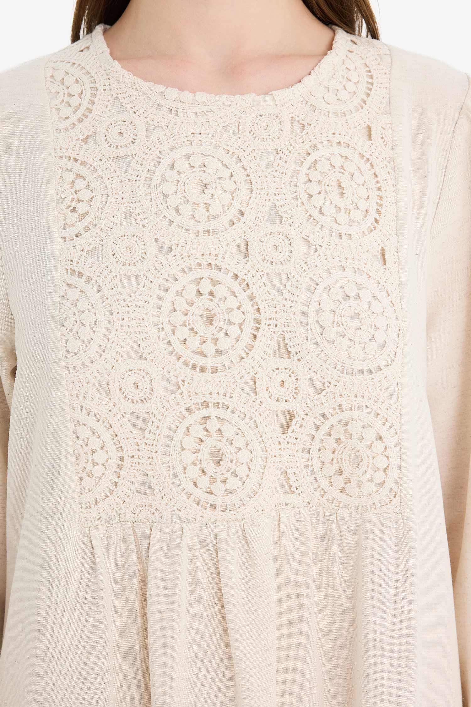 Relax Fit Bisiklet Yaka Keten Karışımlı Uzun Kollu Maxi Elbise