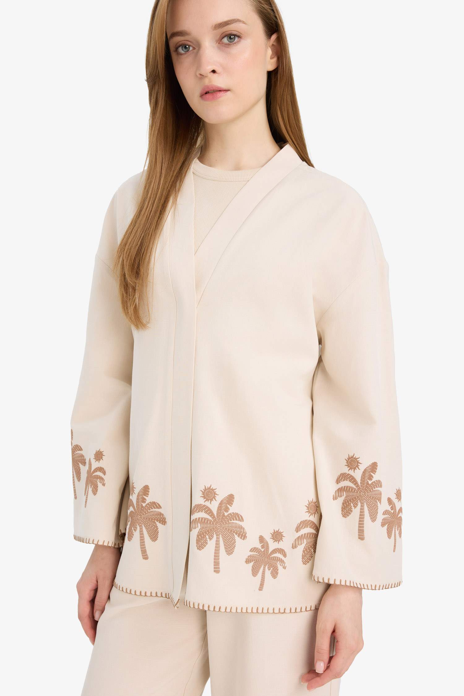 Relax Fit Baskılı Keten Karışımlı Uzun Kollu Kimono