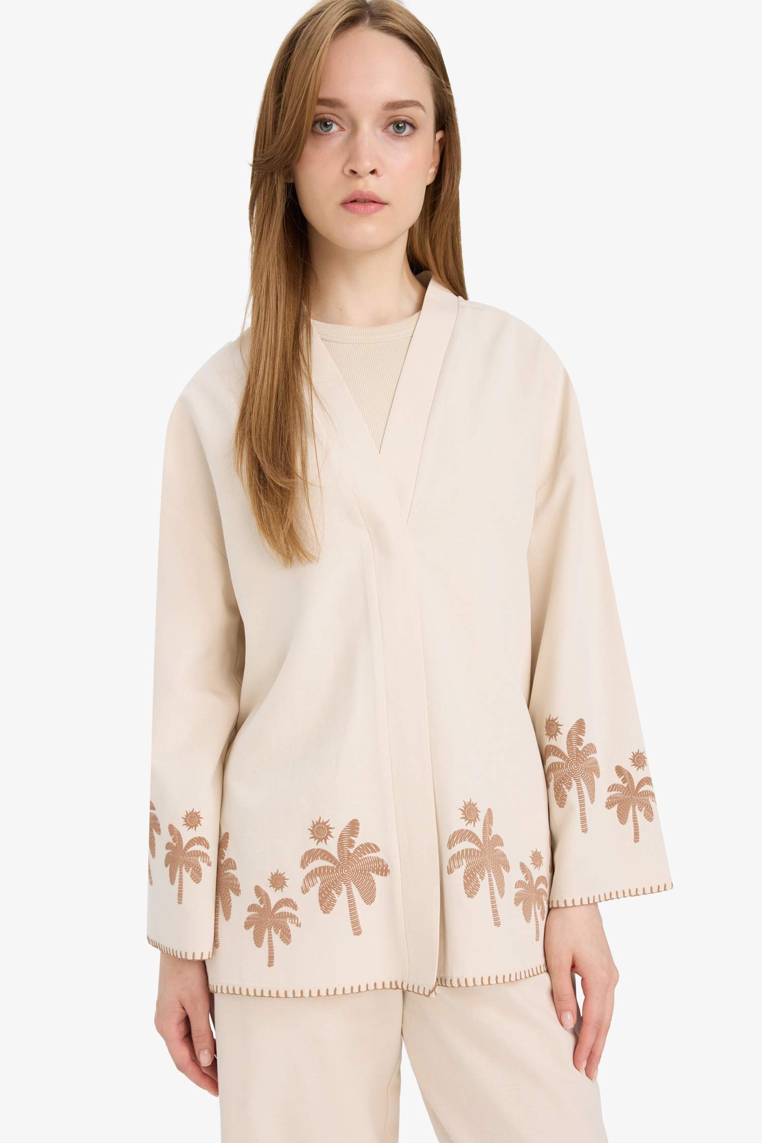 Relax Fit Baskılı Keten Karışımlı Uzun Kollu Kimono