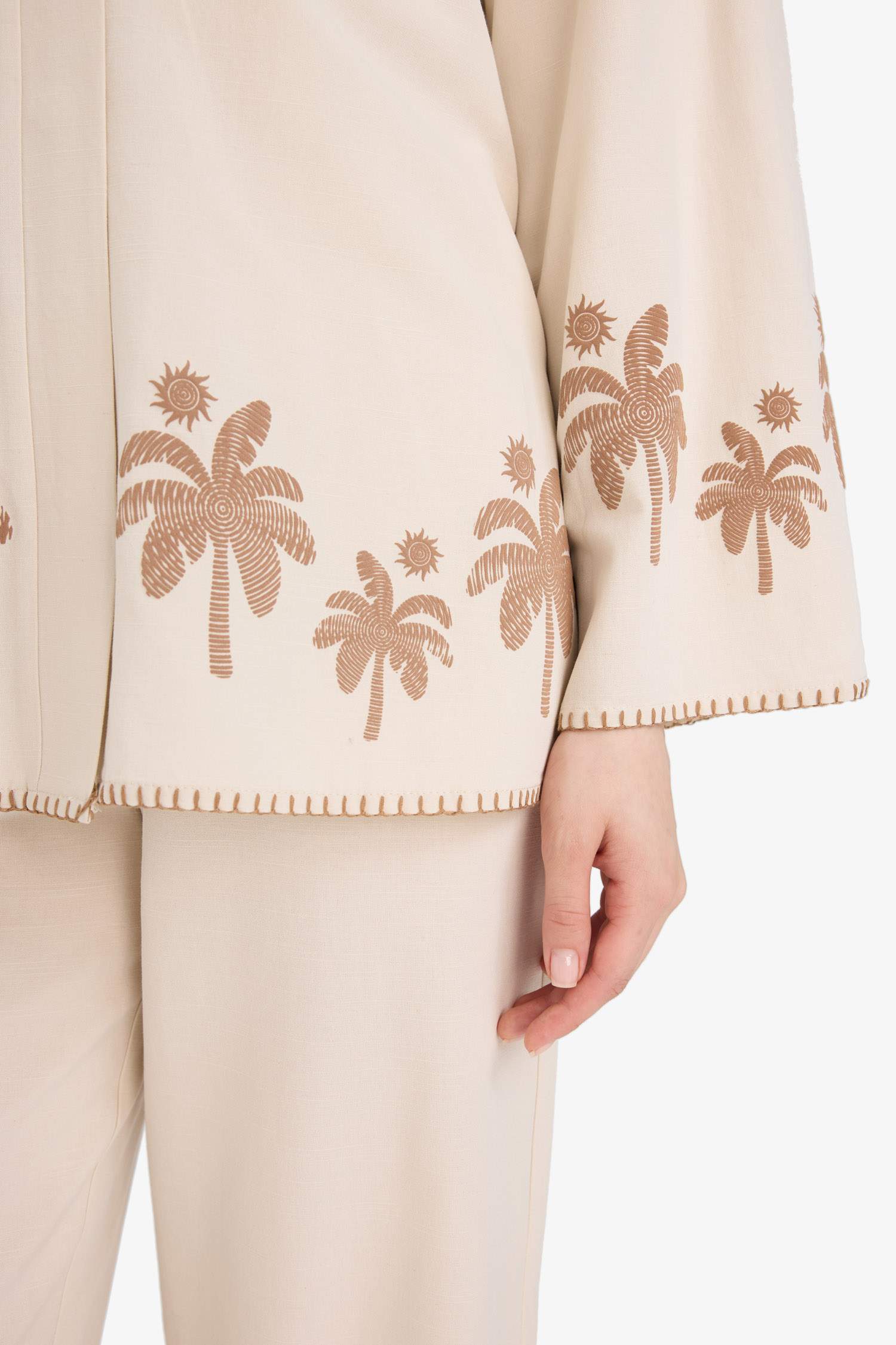 Relax Fit Baskılı Keten Karışımlı Uzun Kollu Kimono