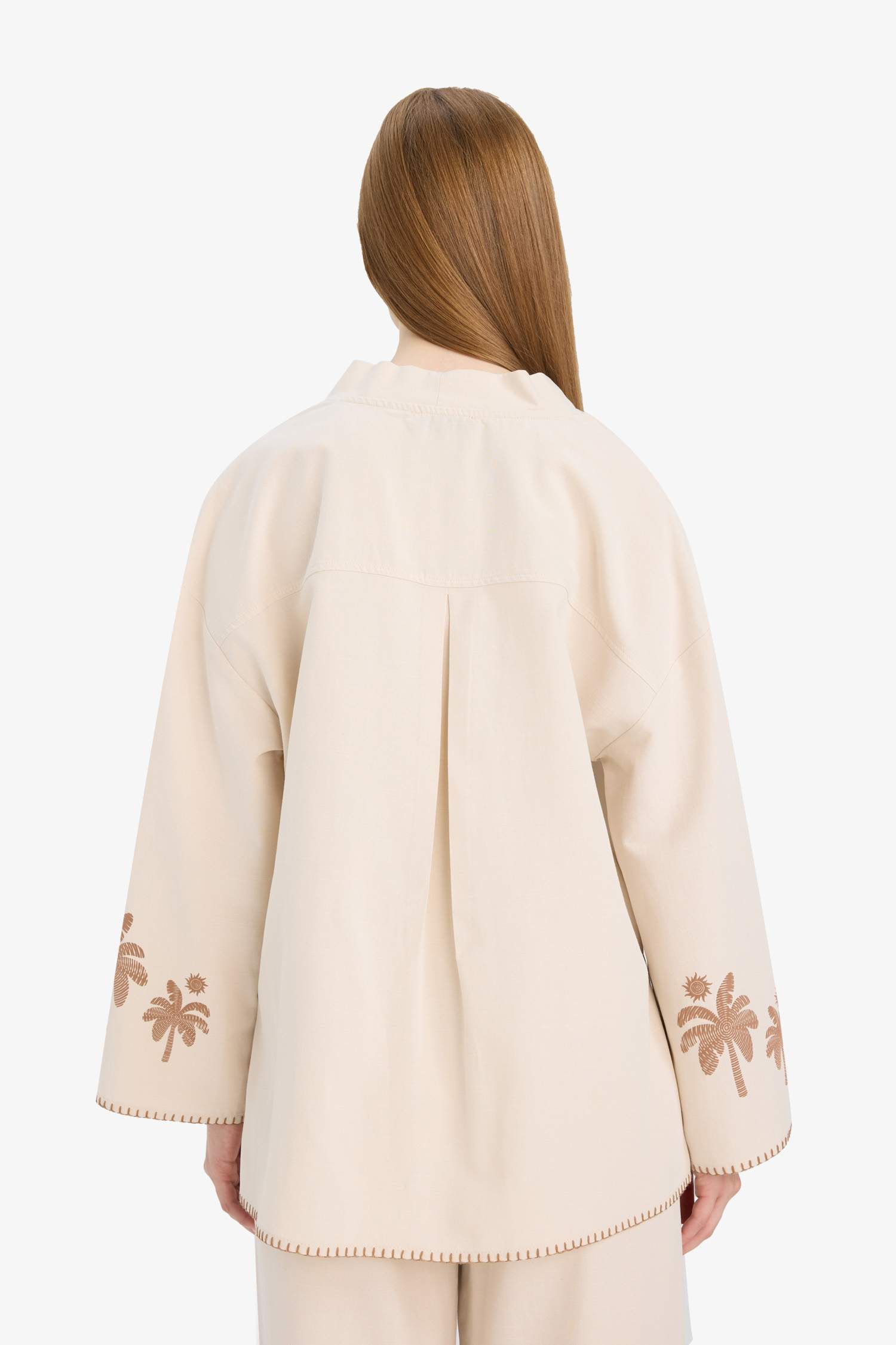 Relax Fit Baskılı Keten Karışımlı Uzun Kollu Kimono