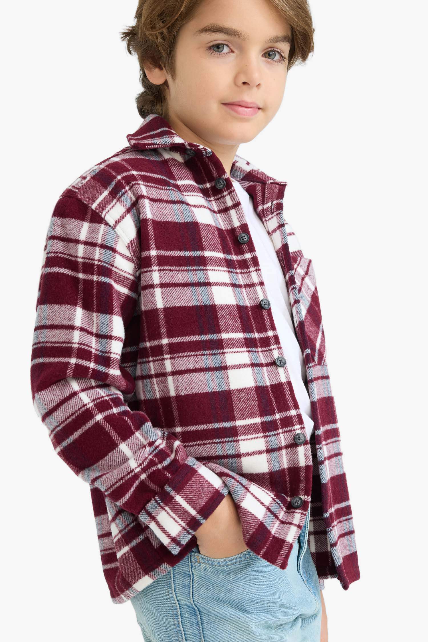 Boy Oversize Fit Polo Collar Checked Long Sleeve Shirt