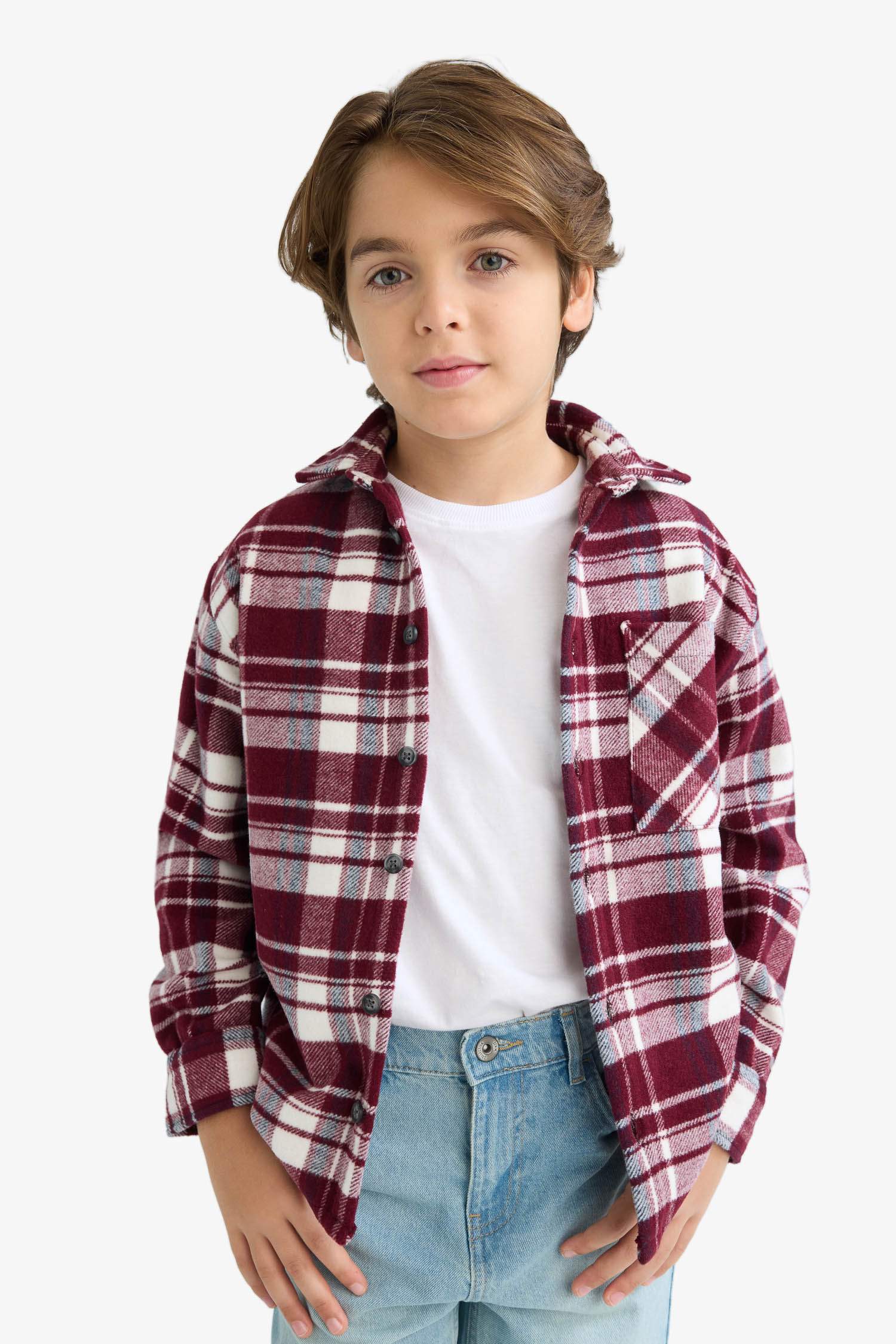 Boy Oversize Fit Polo Collar Checked Long Sleeve Shirt