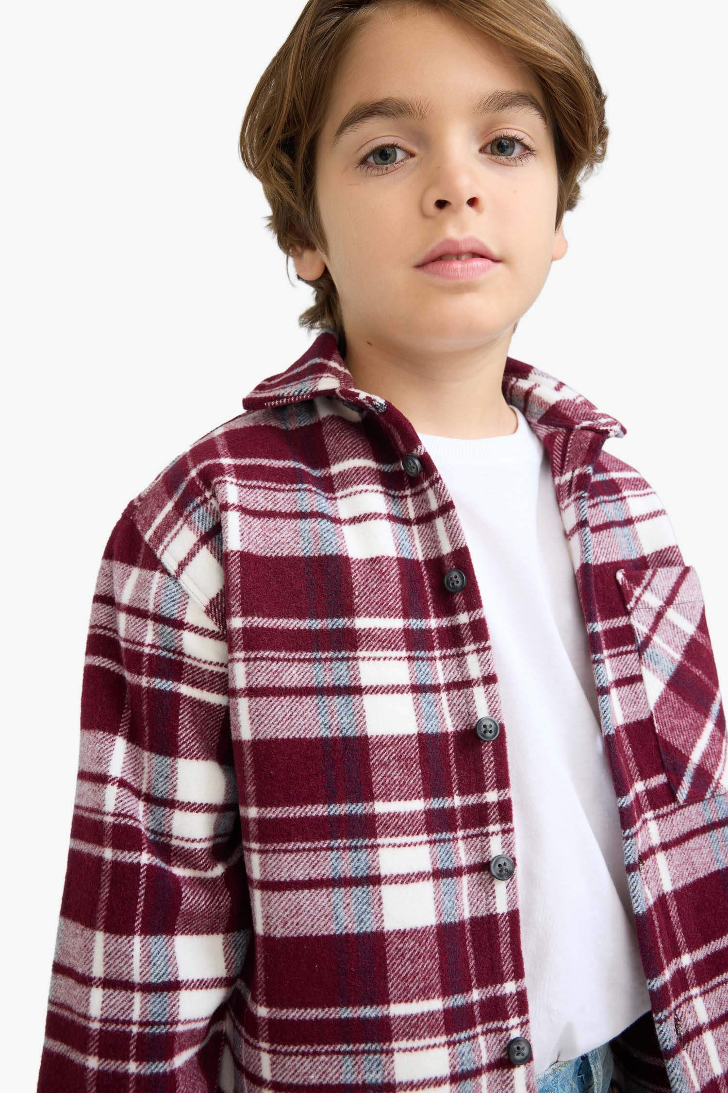 Boy Oversize Fit Polo Collar Checked Long Sleeve Shirt
