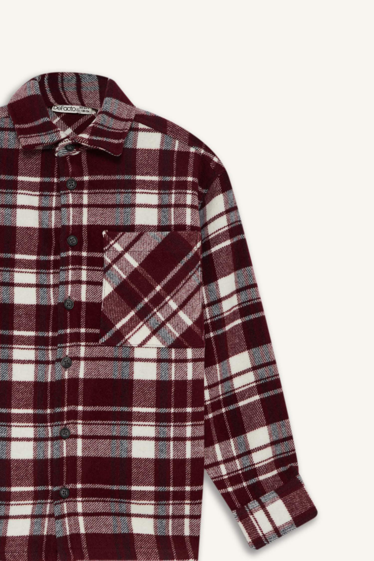 Boy Oversize Fit Polo Collar Checked Long Sleeve Shirt