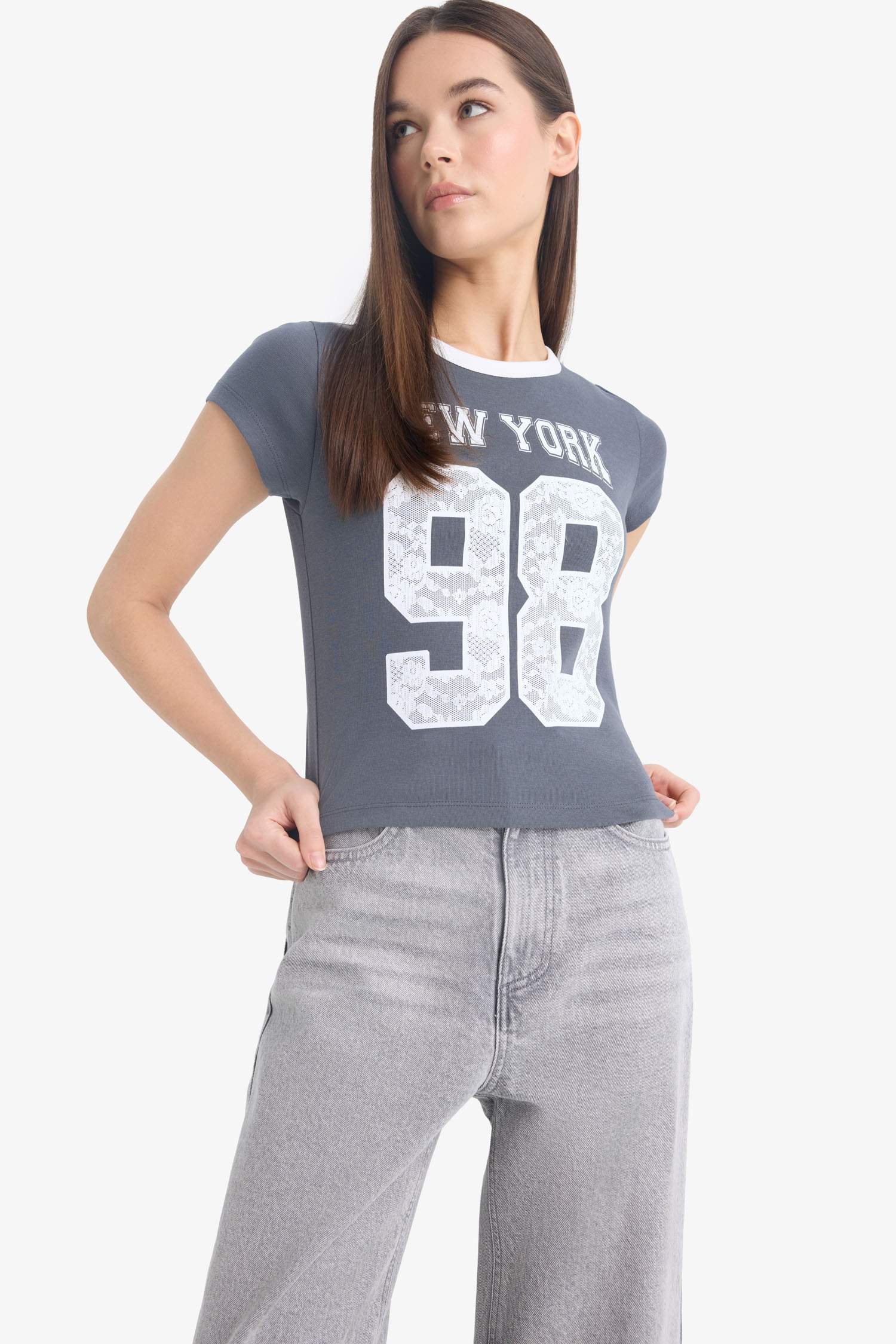 Coool Fitted Bisiklet Yaka Baskılı Ribana Kısa Kollu Tişört