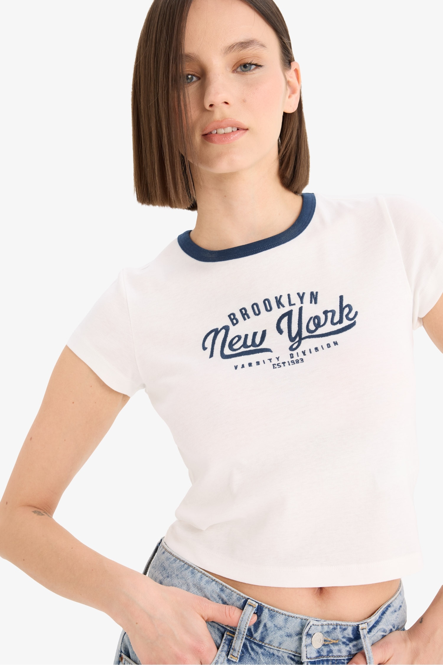 Coool Fitted Bisiklet Yaka Baskılı Ribana Kısa Kollu Tişört