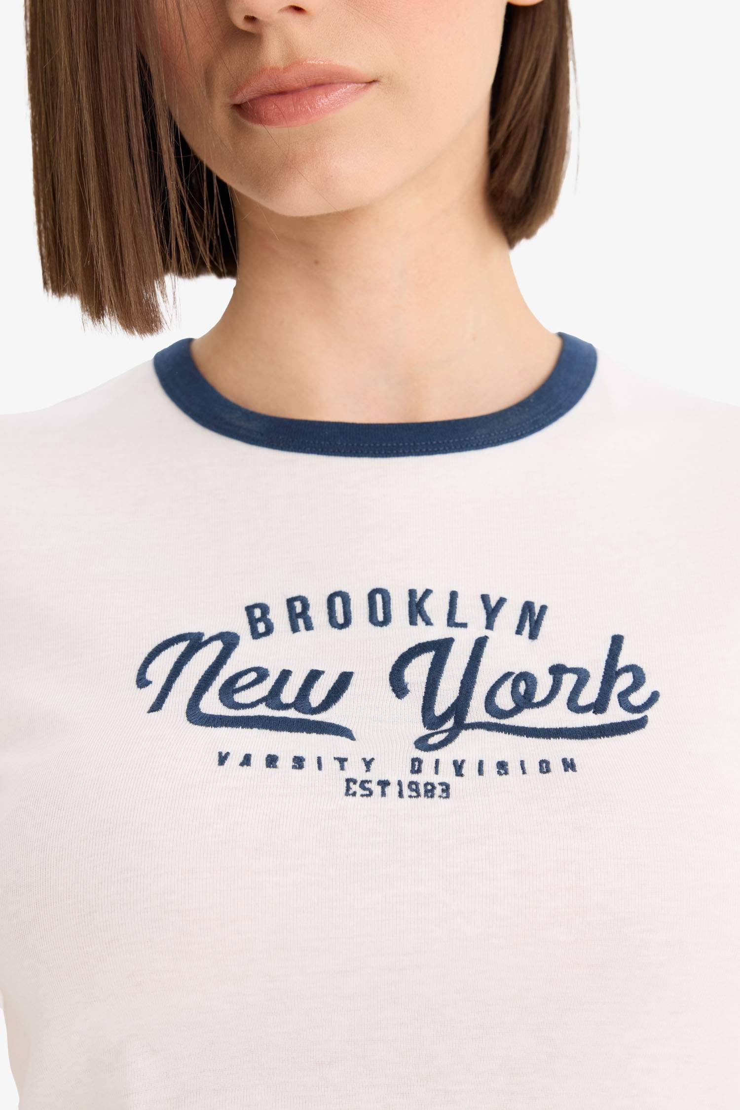 Coool Fitted Bisiklet Yaka Baskılı Ribana Kısa Kollu Tişört