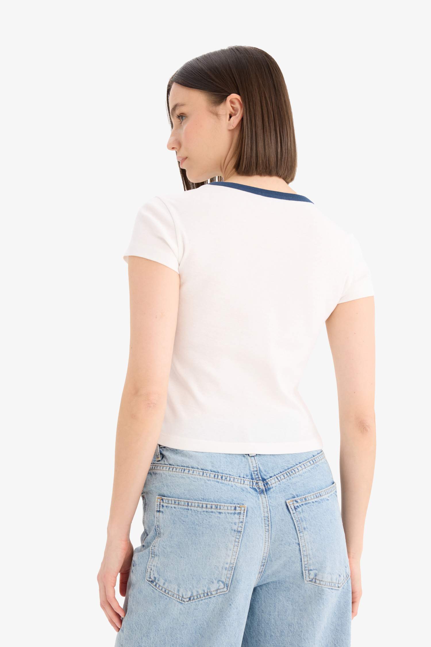 Coool Fitted Bisiklet Yaka Baskılı Ribana Kısa Kollu Tişört