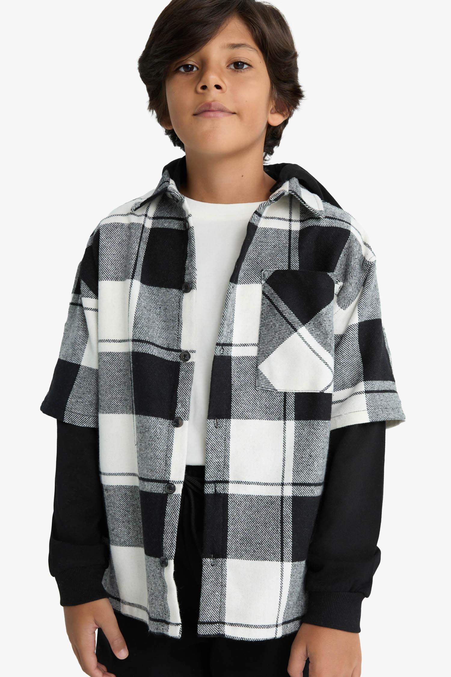 قميص أولادي ردن طويل فلانيل كاروهات اوفر سايز بغطاء للرأس