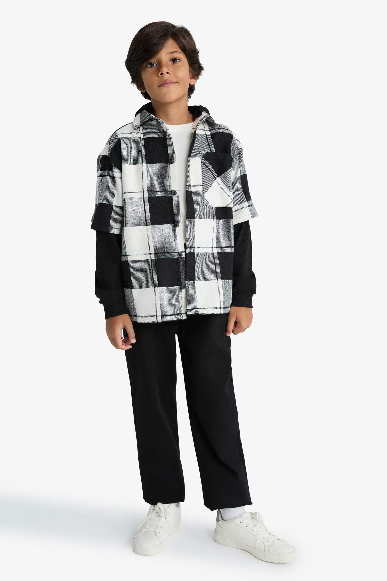 قميص أولادي ردن طويل فلانيل كاروهات اوفر سايز بغطاء للرأس