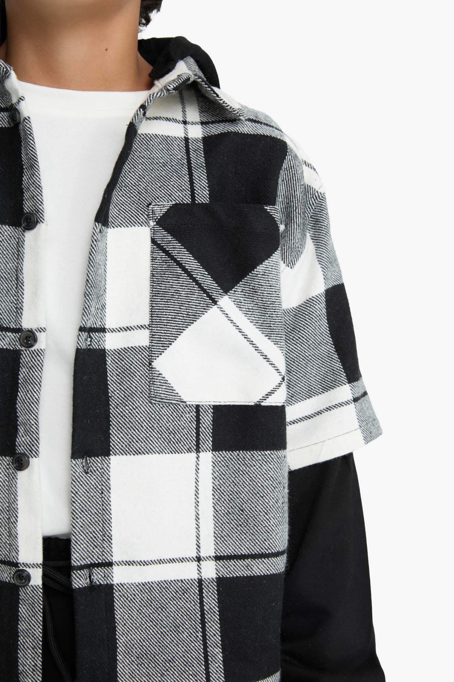 قميص أولادي ردن طويل فلانيل كاروهات اوفر سايز بغطاء للرأس