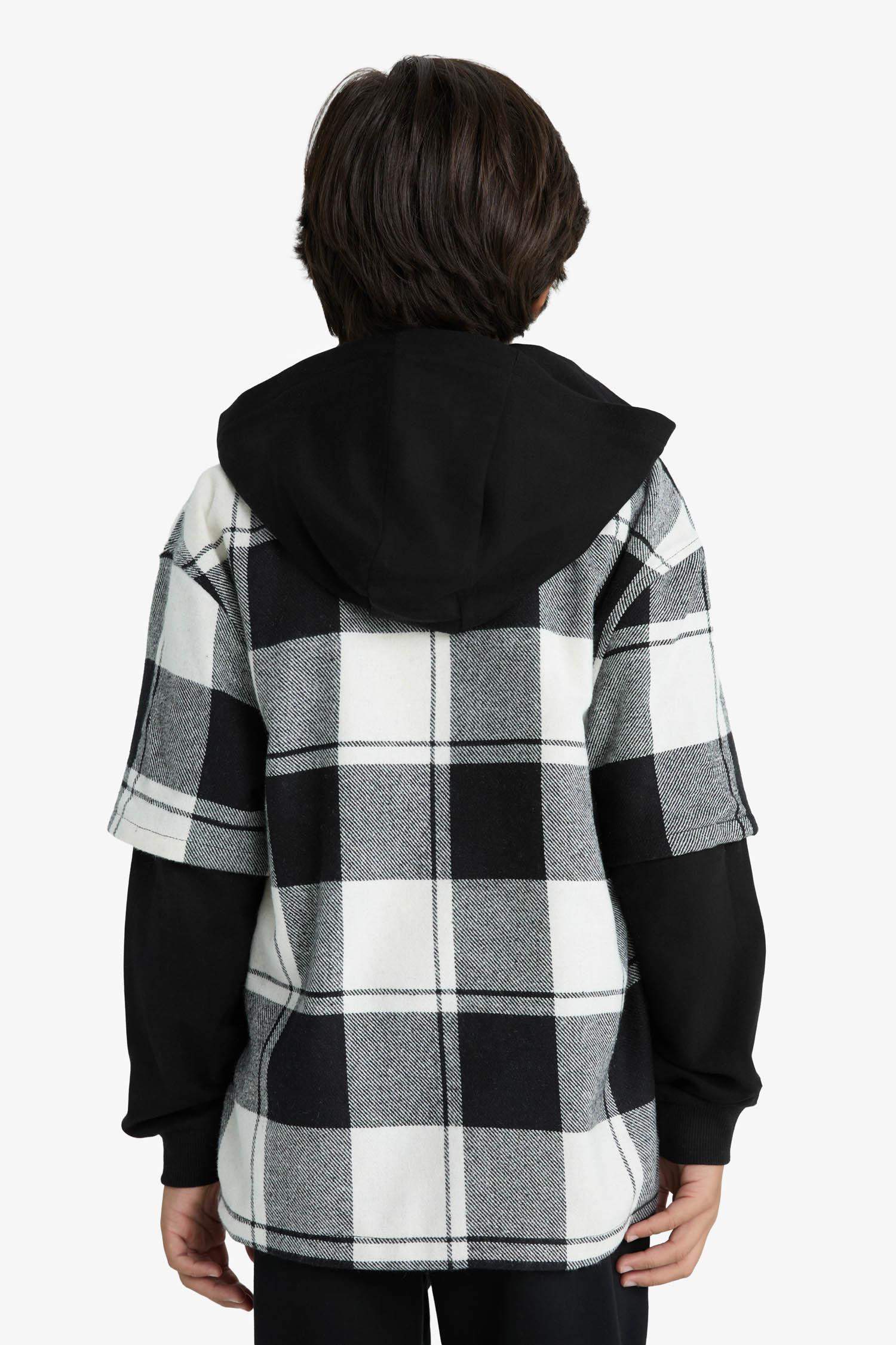 قميص أولادي ردن طويل فلانيل كاروهات اوفر سايز بغطاء للرأس