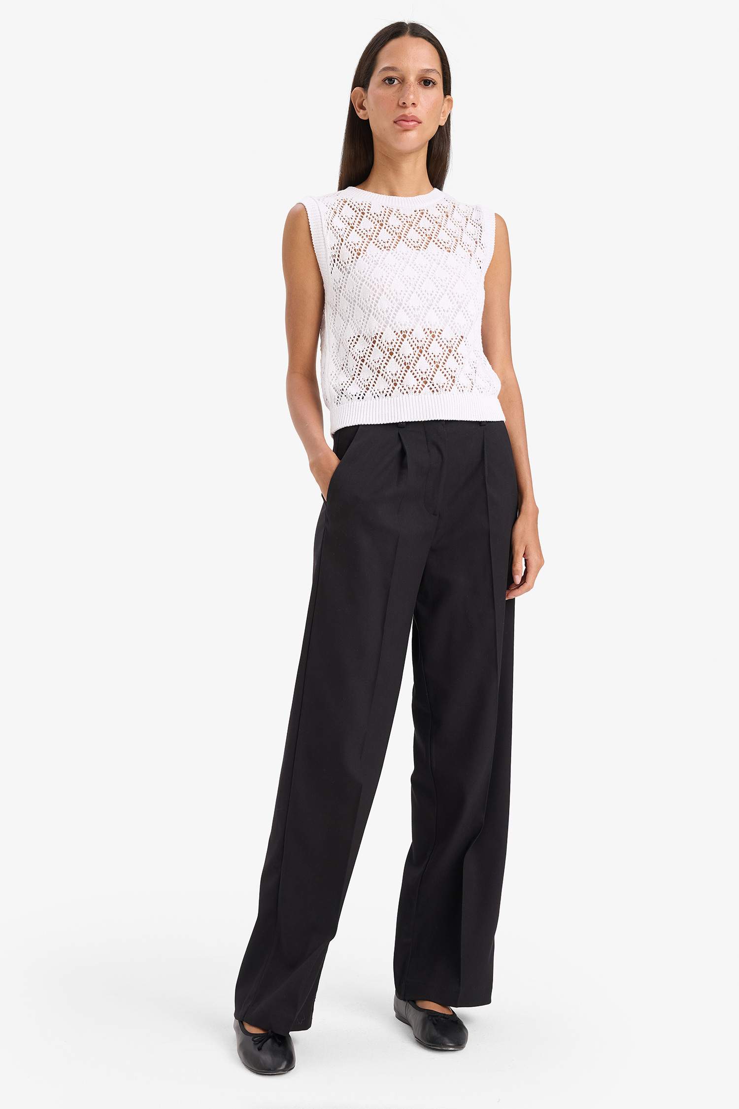 Regular Fit Openwork Knitted Sleeveless Blouse