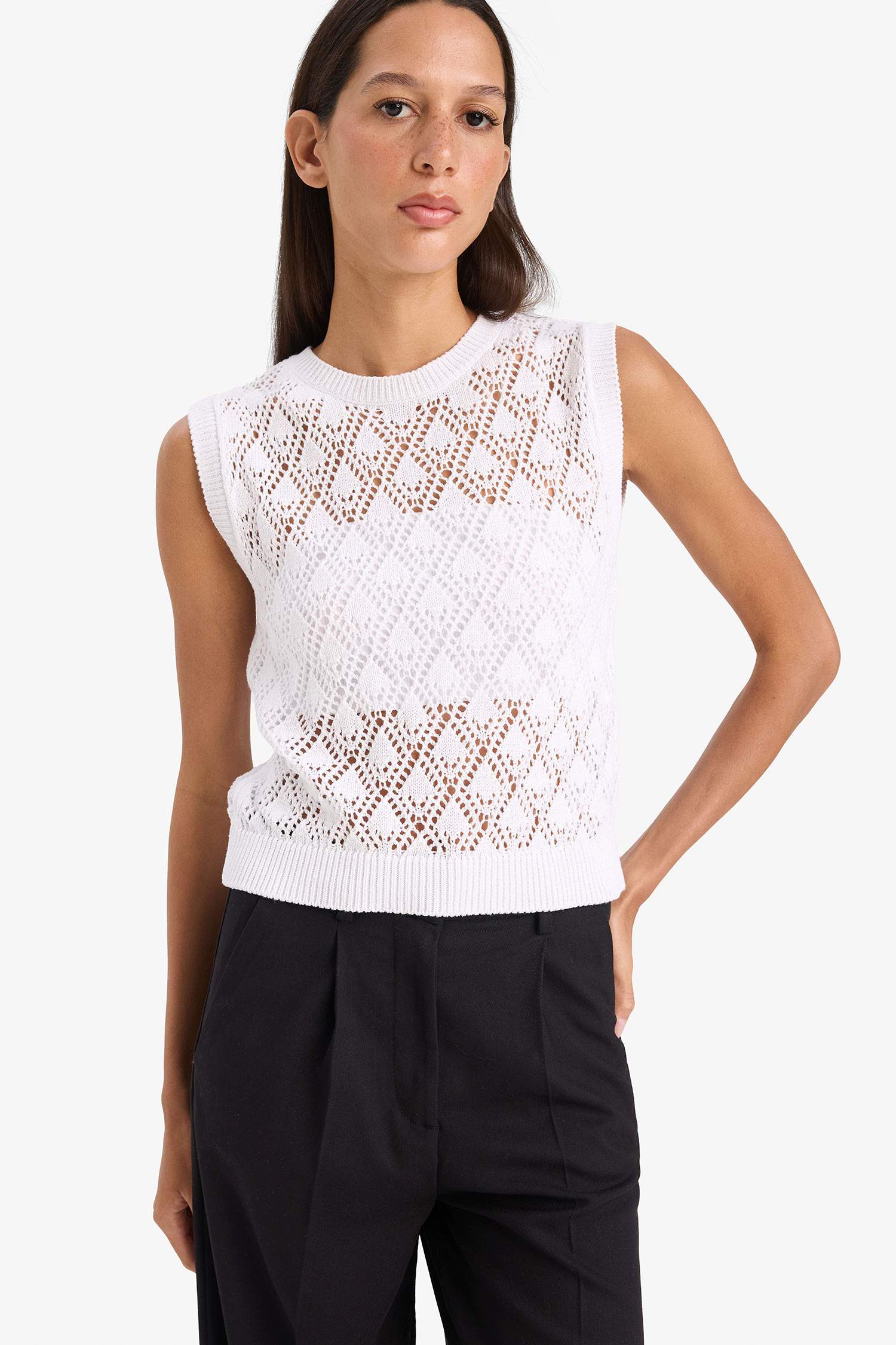 Regular Fit Openwork Knitted Sleeveless Blouse