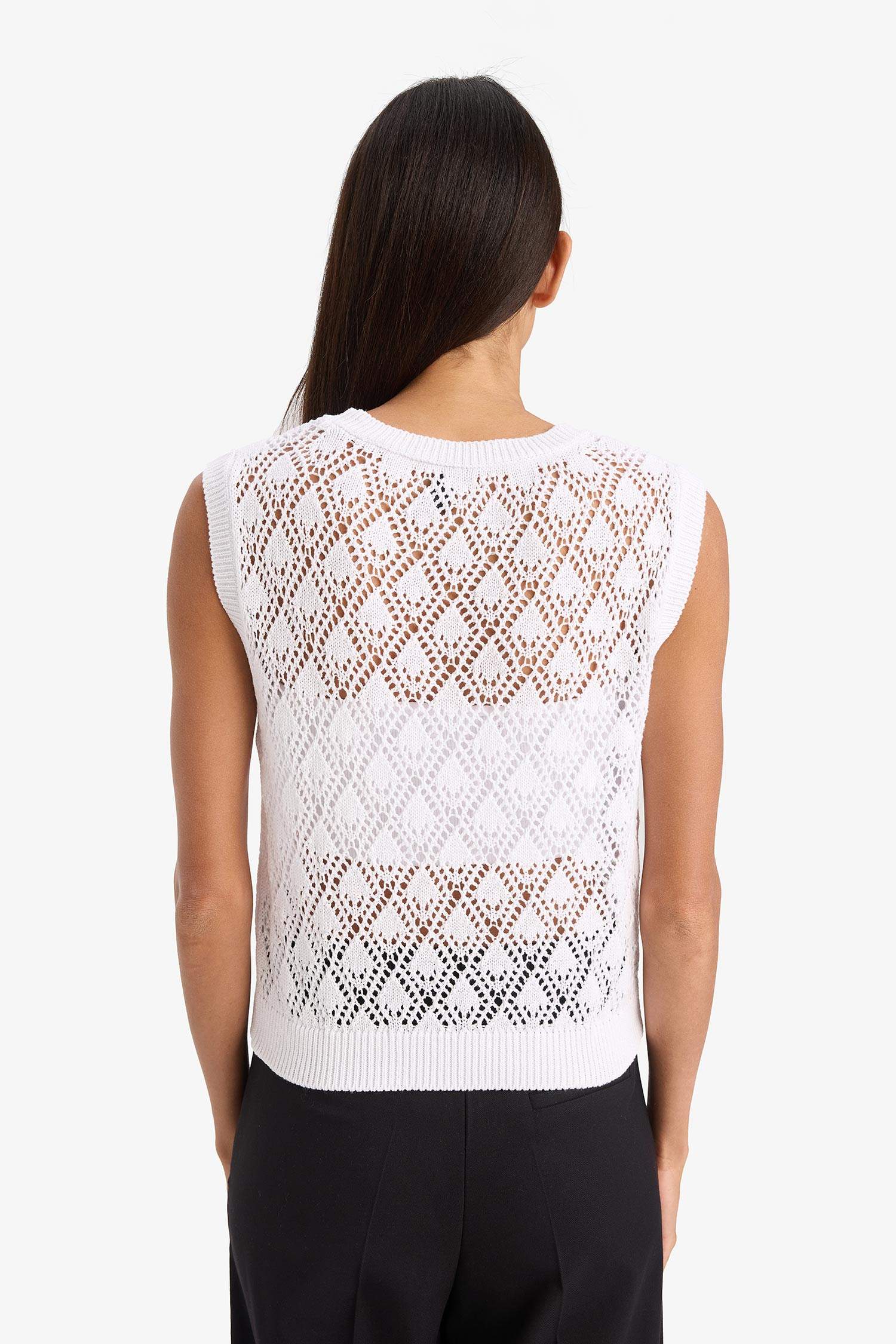 Regular Fit Openwork Knitted Sleeveless Blouse