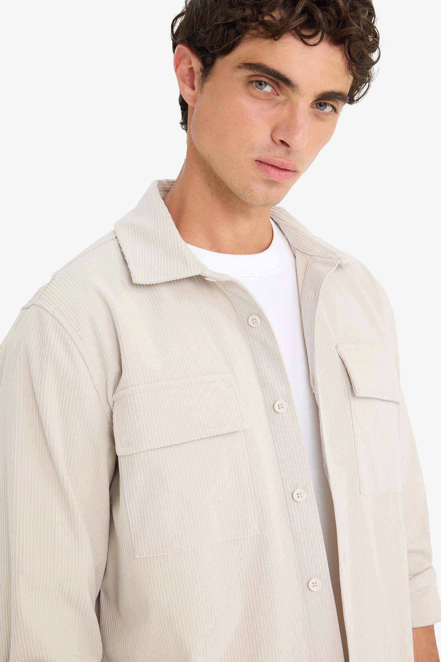 Regular Fit Fitilli Kadife Uzun Kollu Gömlek