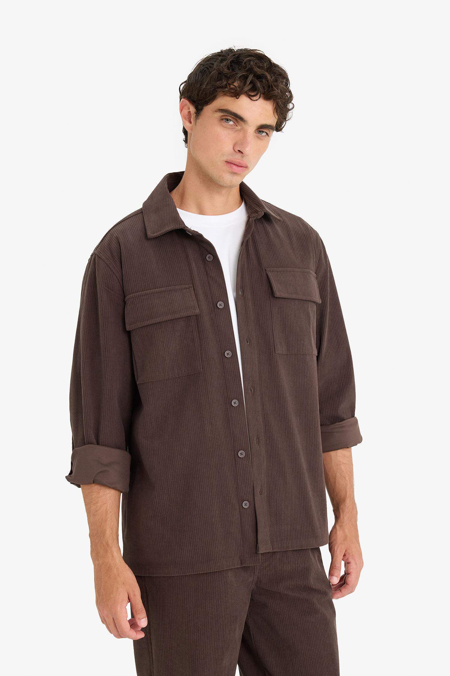 قميص مخمل قطيفة ردن طويل وقصة عادية مضلع