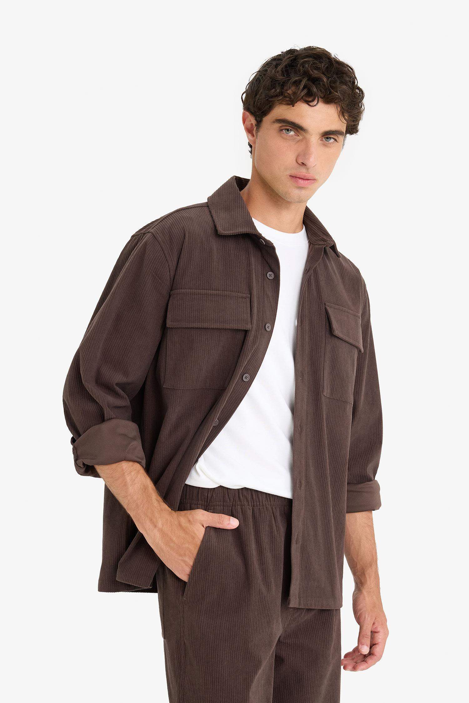 Regular Fit Fitilli Kadife Uzun Kollu Gömlek