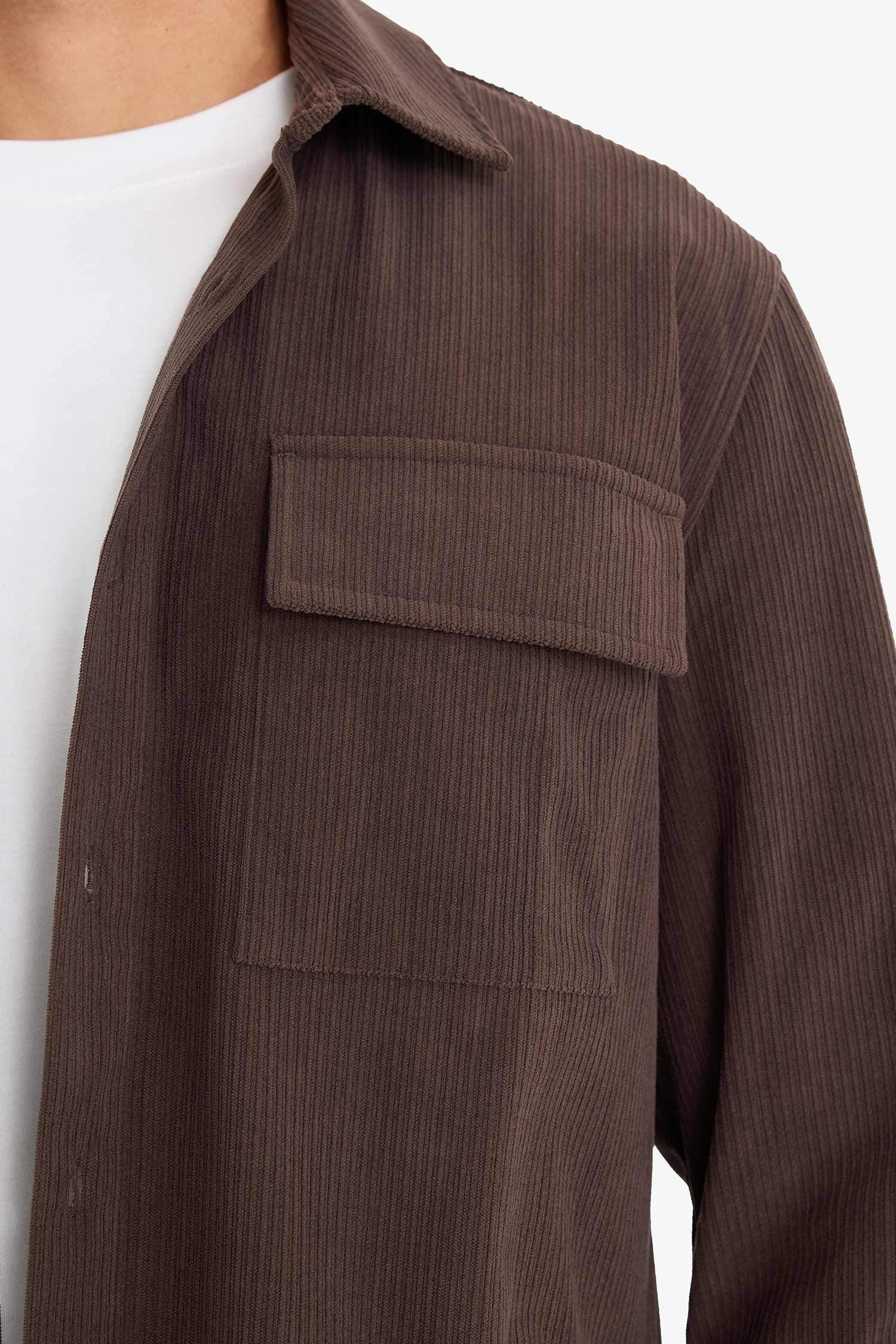 Regular Fit Fitilli Kadife Uzun Kollu Gömlek