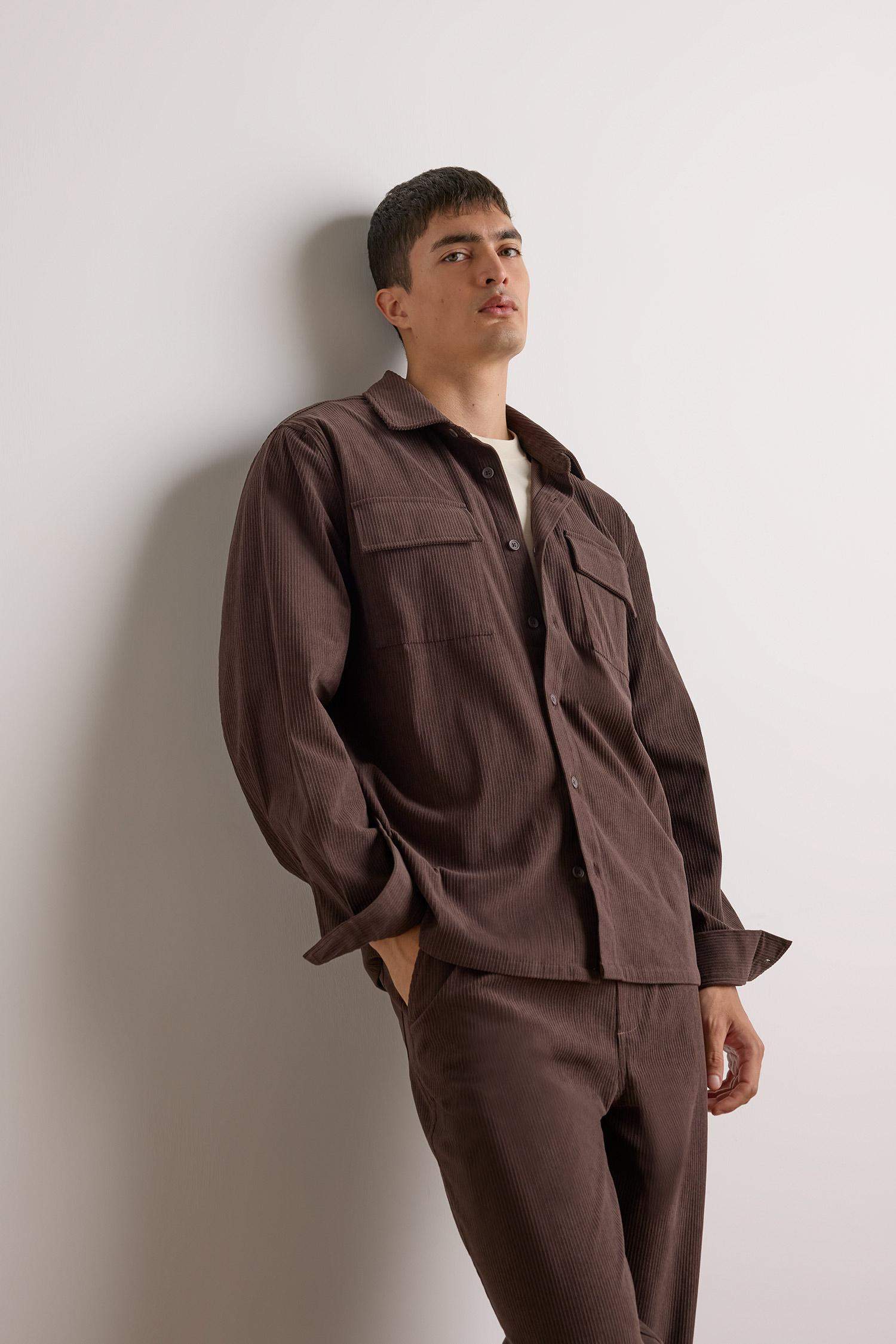 Regular Fit Fitilli Kadife Uzun Kollu Gömlek