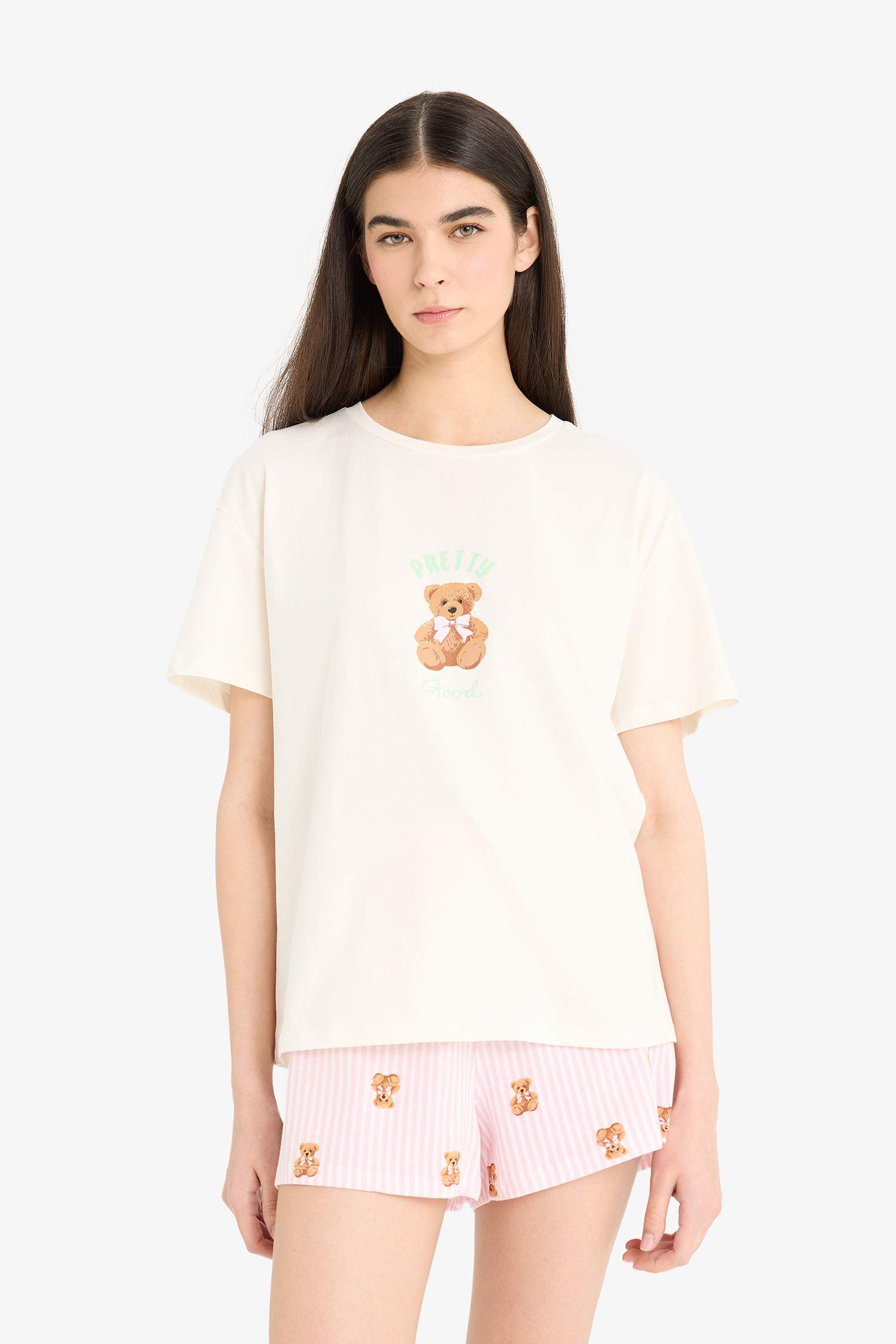 Pijama Takımı Kısa Kollu Baskılı Üst Beli Lastikli Şort