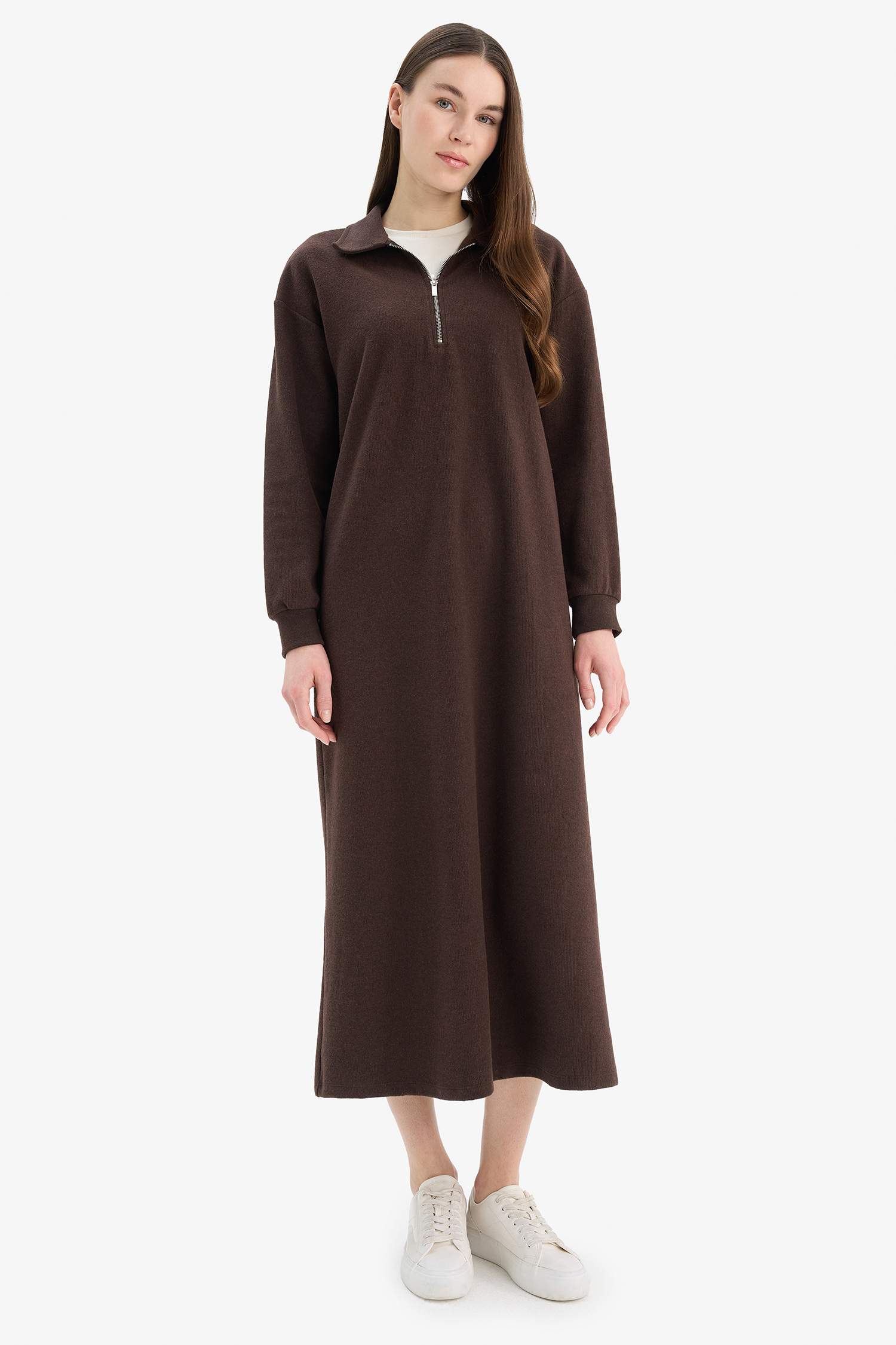 Loose Fit Fermuarlı Polo Yaka Selanik Kumaş Basic Düz Uzun Kollu Midi Elbise