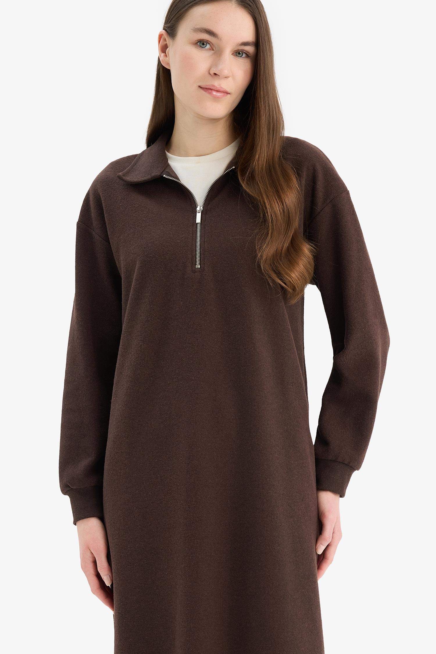 Loose Fit Fermuarlı Polo Yaka Selanik Kumaş Basic Düz Uzun Kollu Midi Elbise