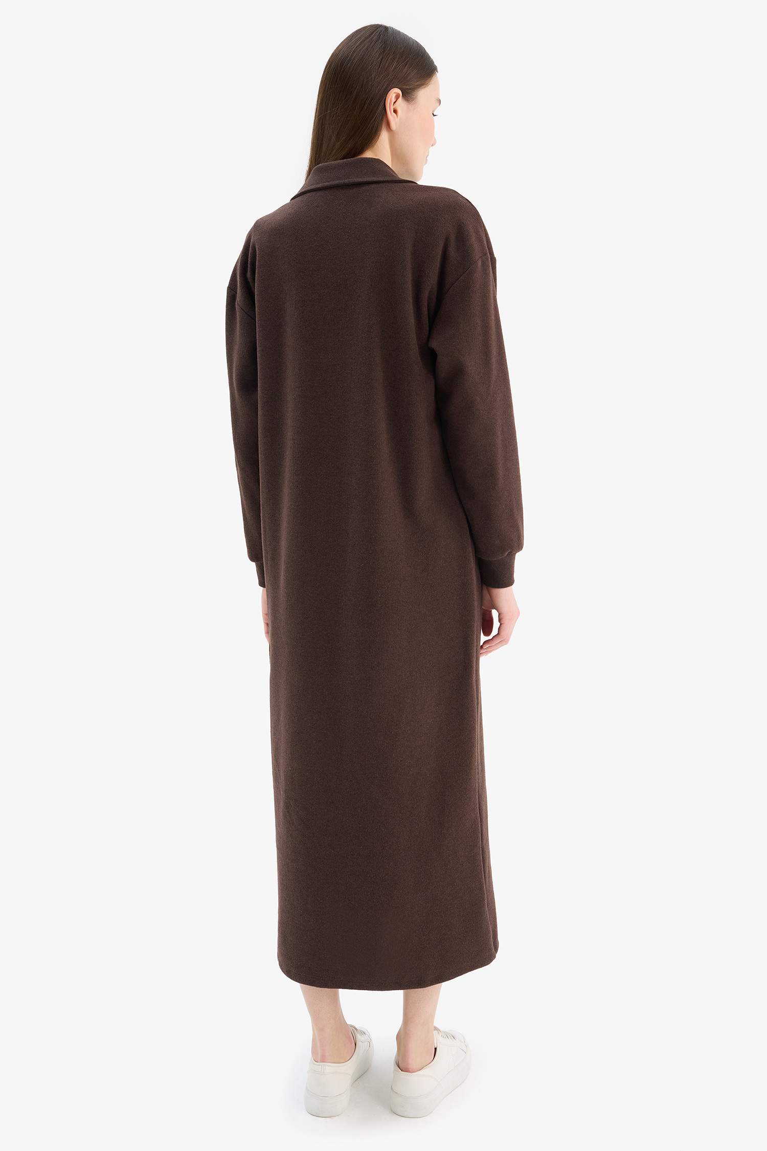 Loose Fit Fermuarlı Polo Yaka Selanik Kumaş Basic Düz Uzun Kollu Midi Elbise