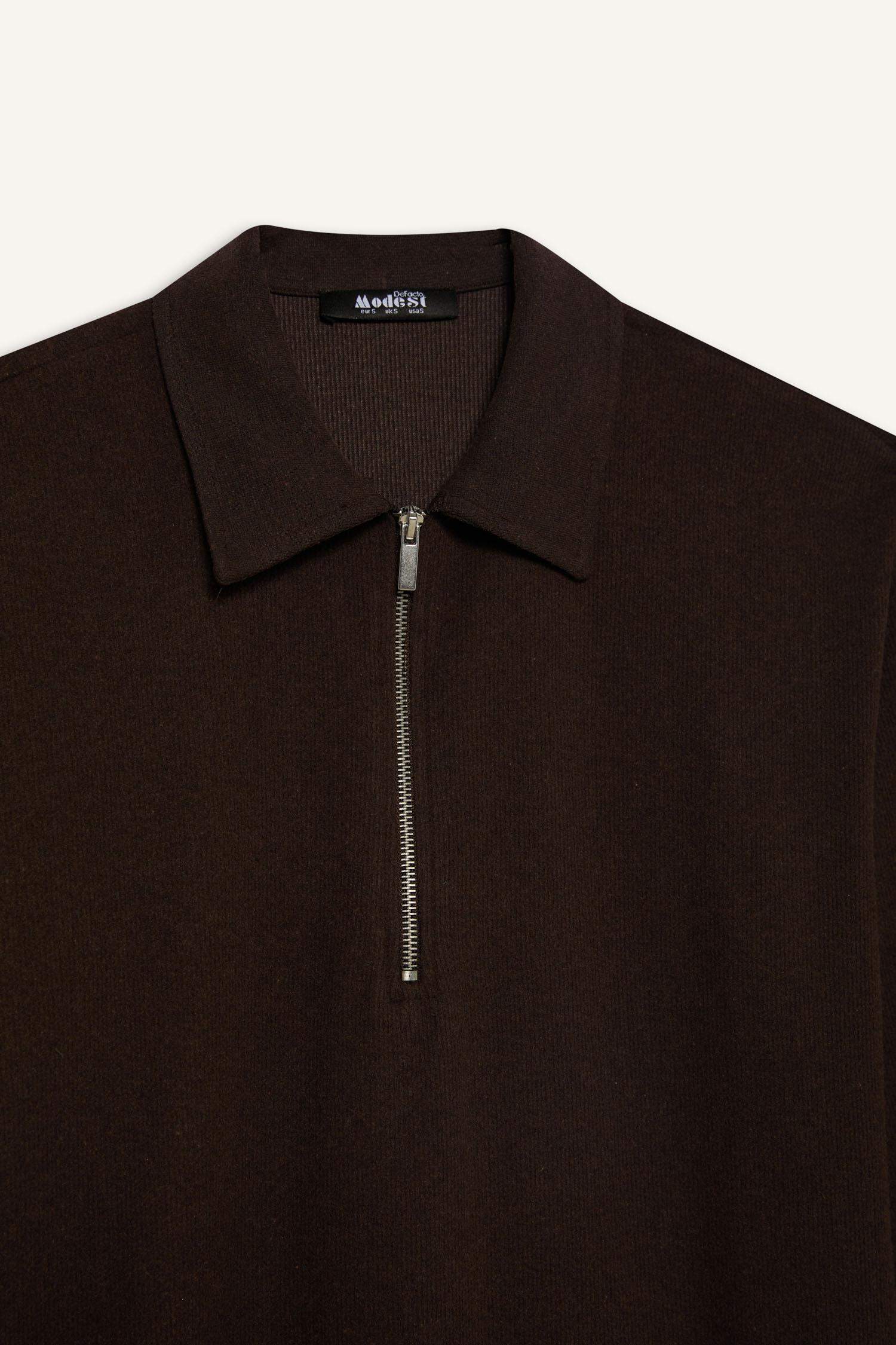 Loose Fit Fermuarlı Polo Yaka Selanik Kumaş Basic Düz Uzun Kollu Midi Elbise