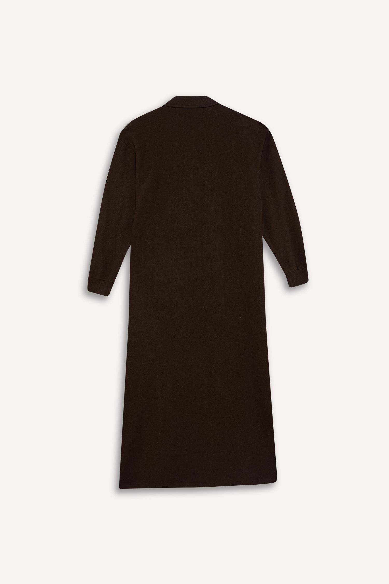 Loose Fit Fermuarlı Polo Yaka Selanik Kumaş Basic Düz Uzun Kollu Midi Elbise