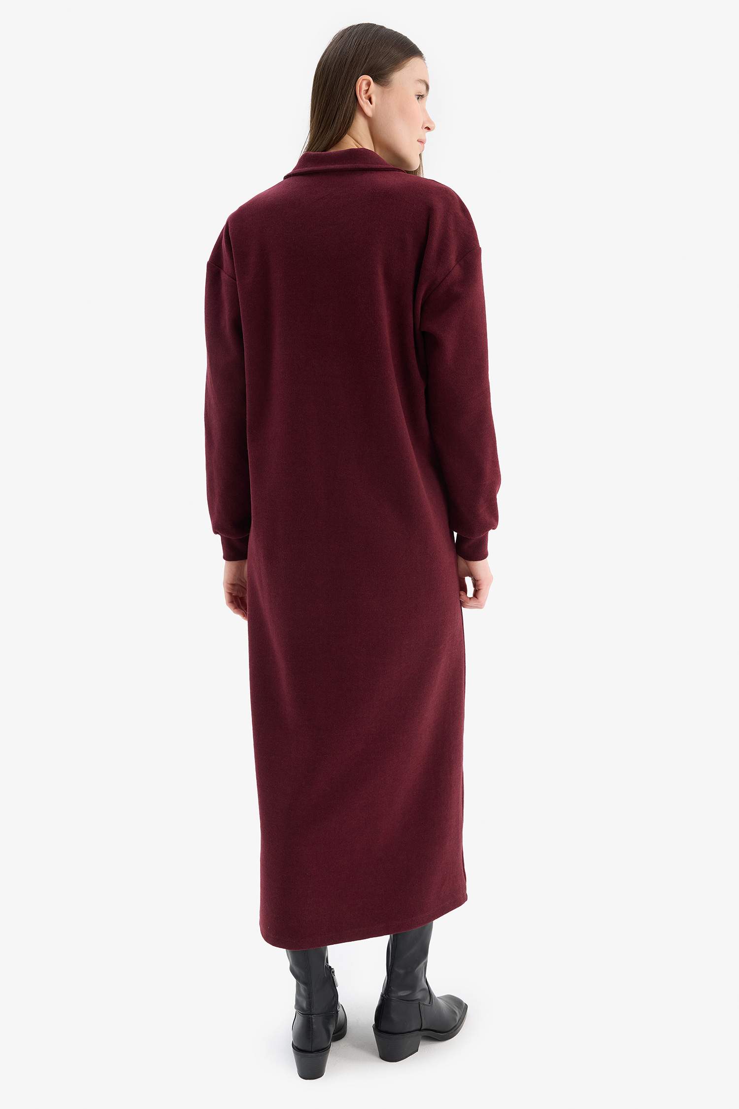 Loose Fit Fermuarlı Polo Yaka Selanik Kumaş Basic Düz Uzun Kollu Midi Elbise