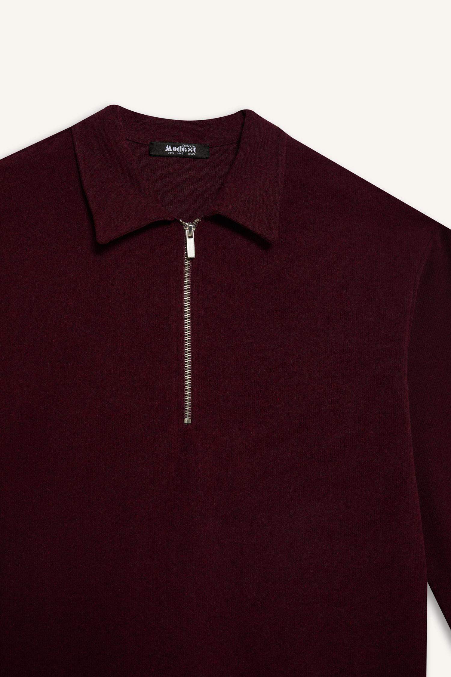 Loose Fit Fermuarlı Polo Yaka Selanik Kumaş Basic Düz Uzun Kollu Midi Elbise