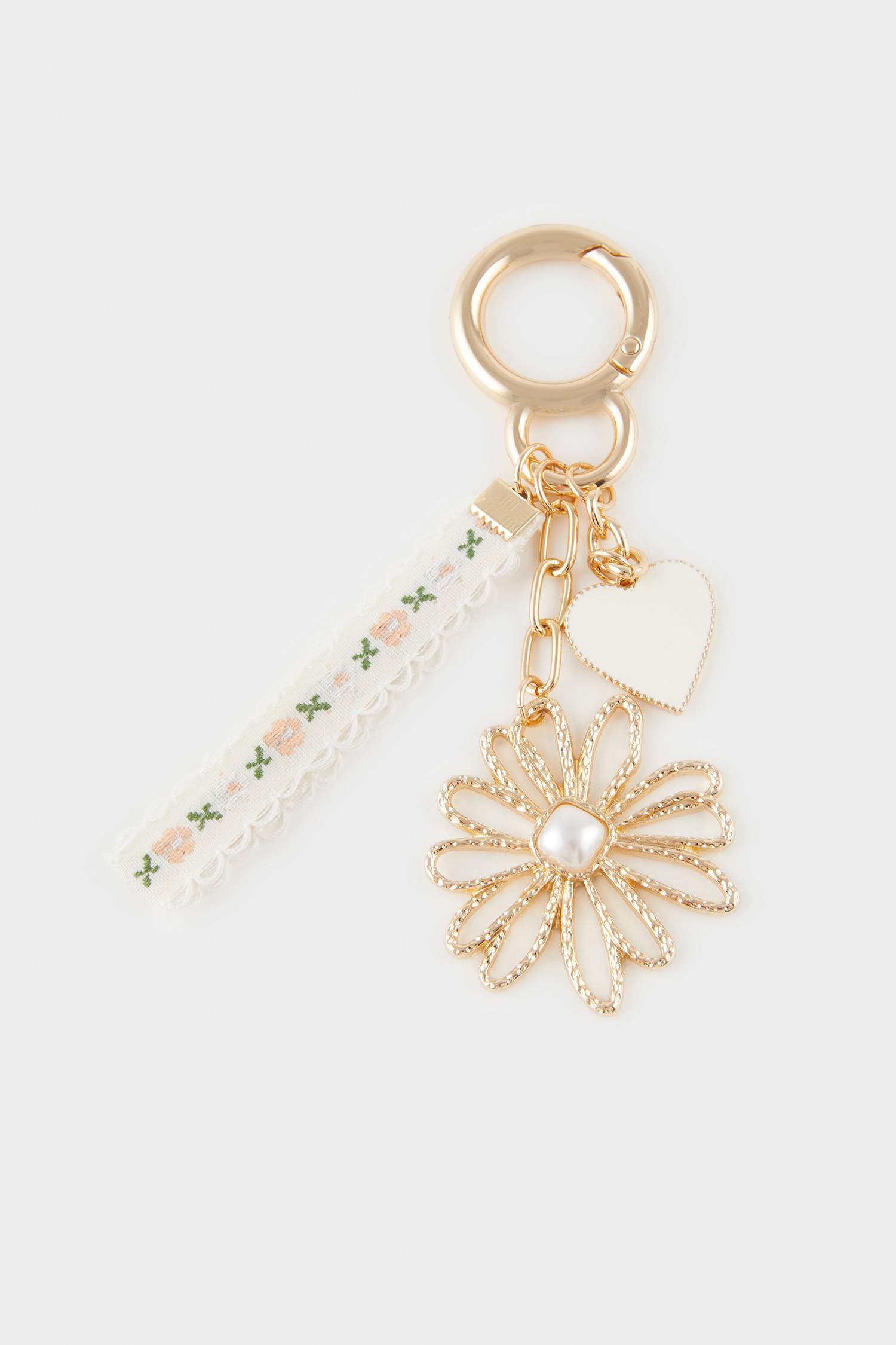 Porte-clés doré cœur fleuri charms pour femme