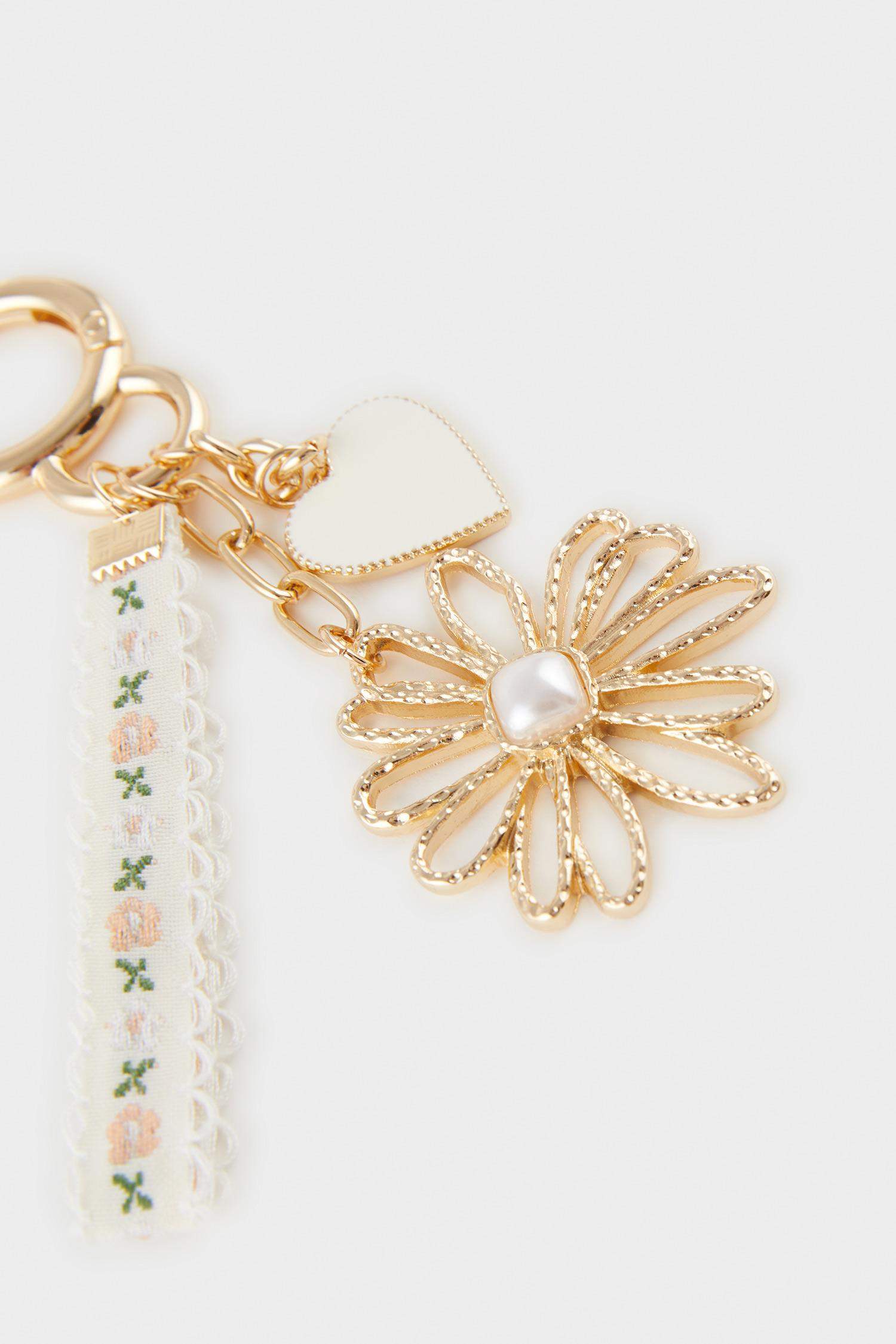 Porte-clés doré cœur fleuri charms pour femme