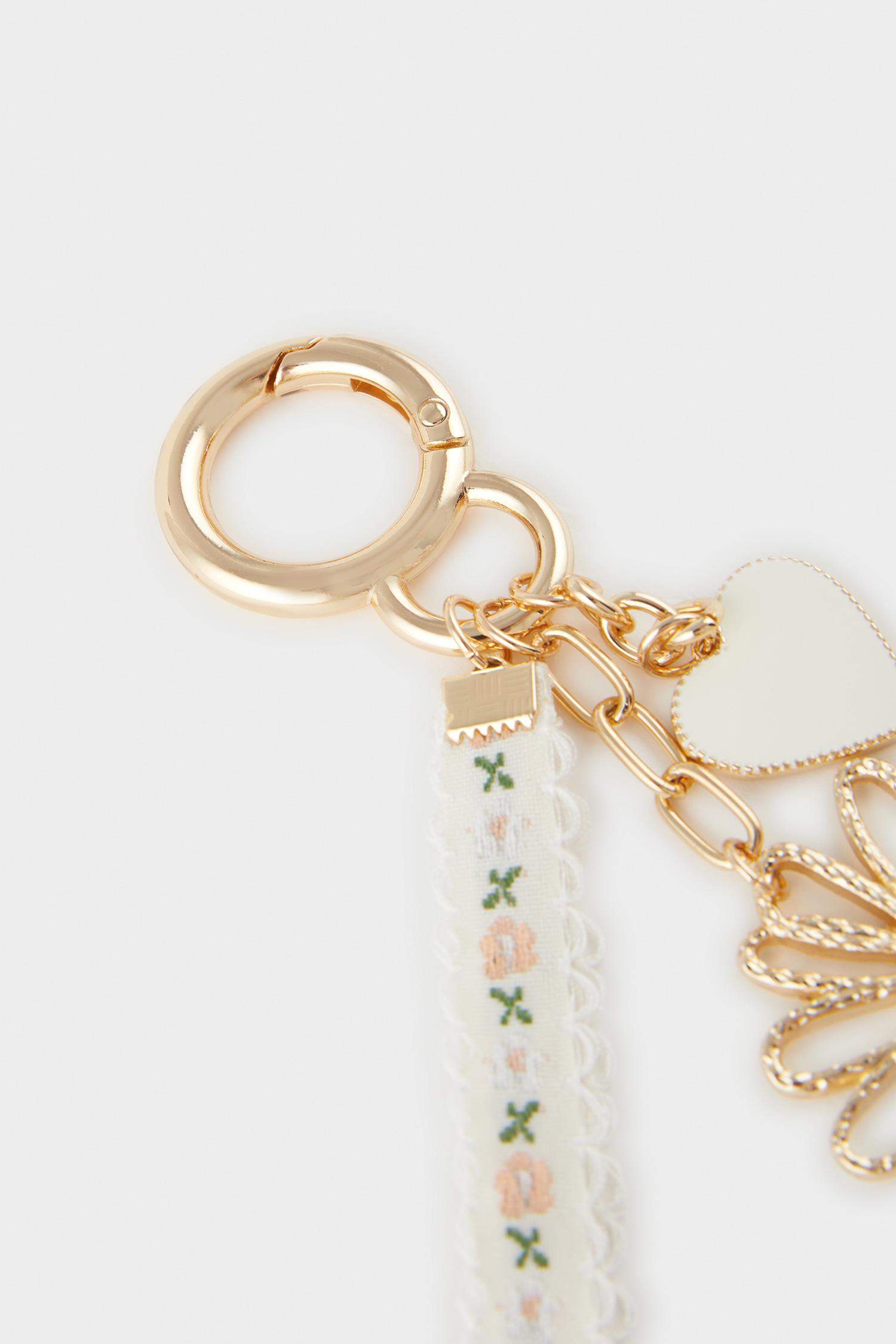 Porte-clés doré cœur fleuri charms pour femme