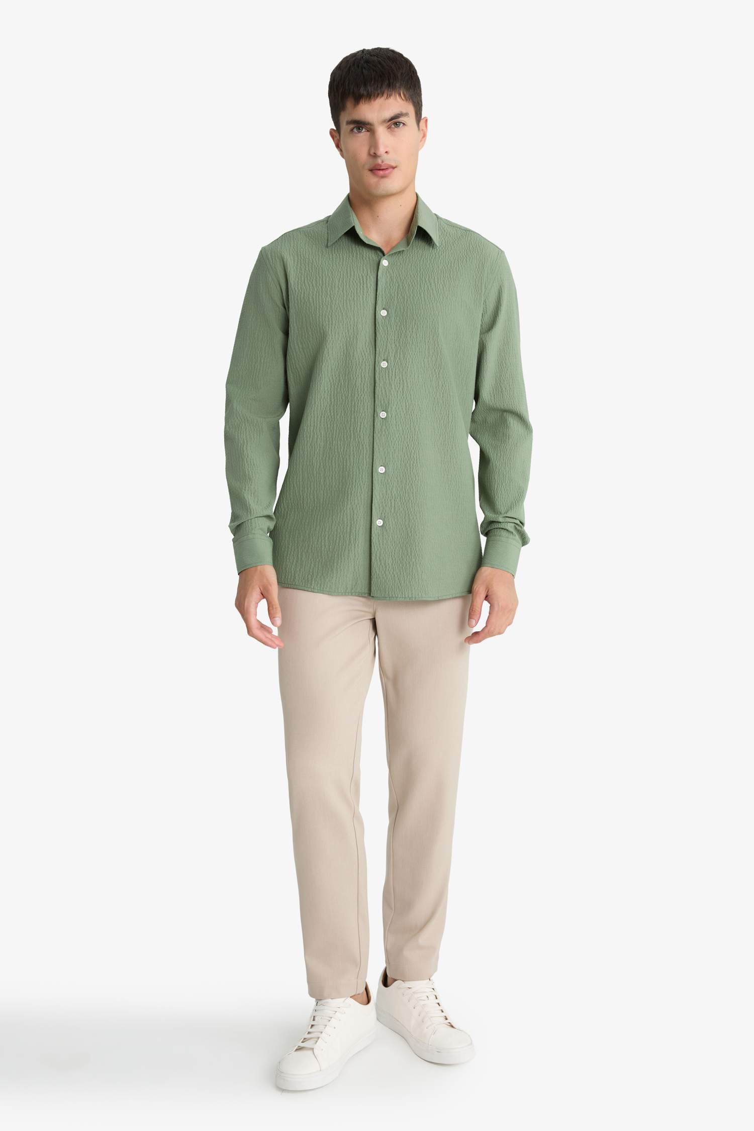 Modern Fit Polo Yaka Krinkıl Uzun Kollu Gömlek